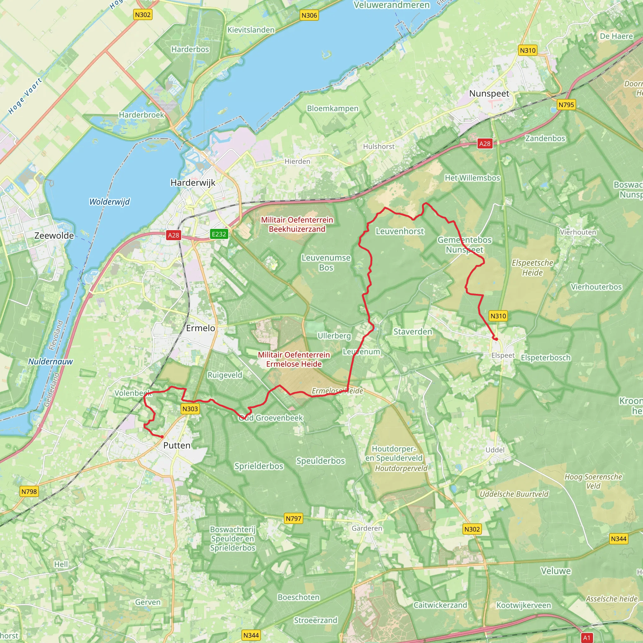 Putten to Elspeet via Oud Groevenbeek, Ermelosche Heide and Elspeetsche Heide mobile static map