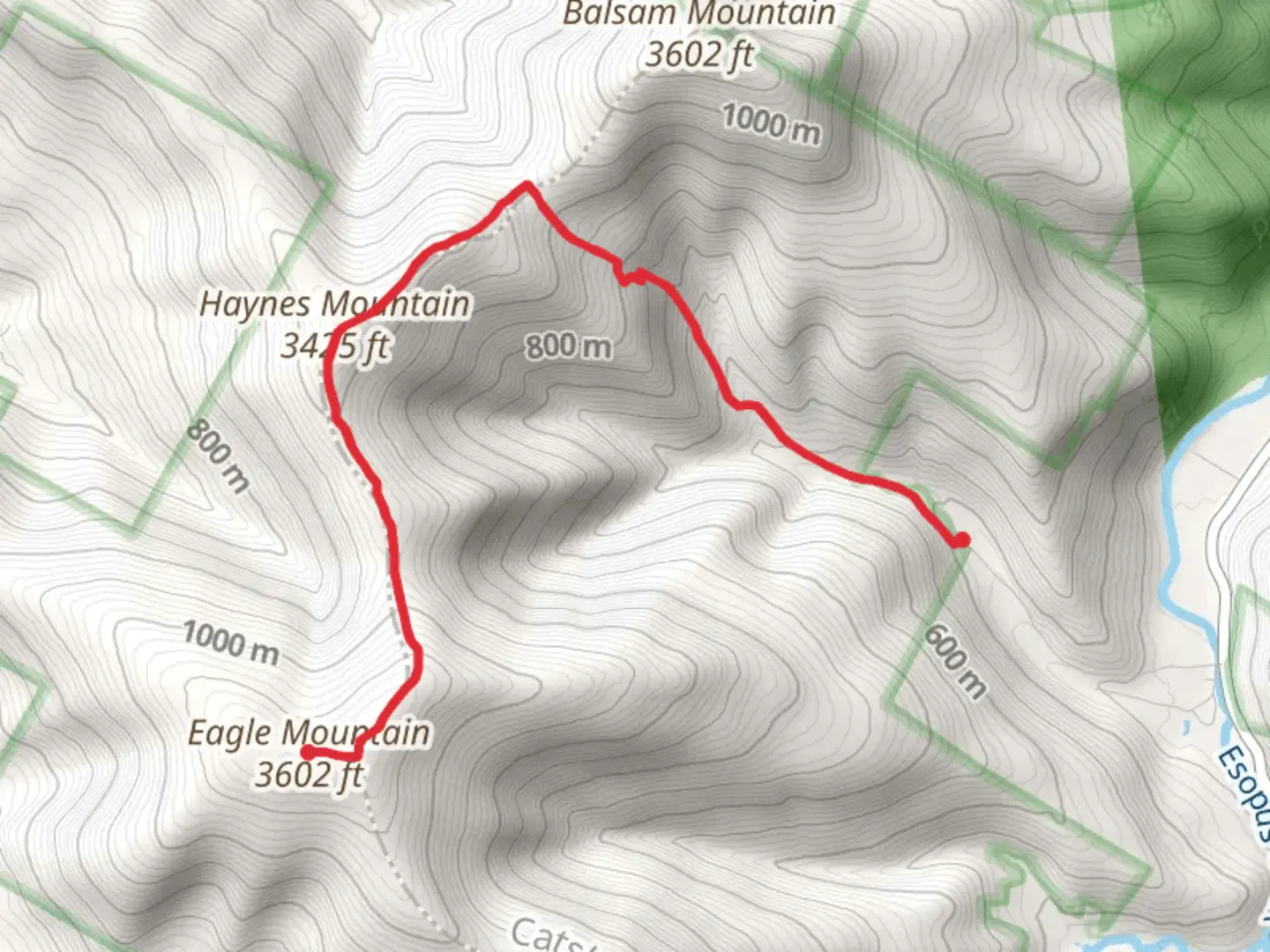 An image depicting the trail Haynes Mountain and Eagle Mountain via Oliverea-Mapledale Red Trail and its surrounding area.