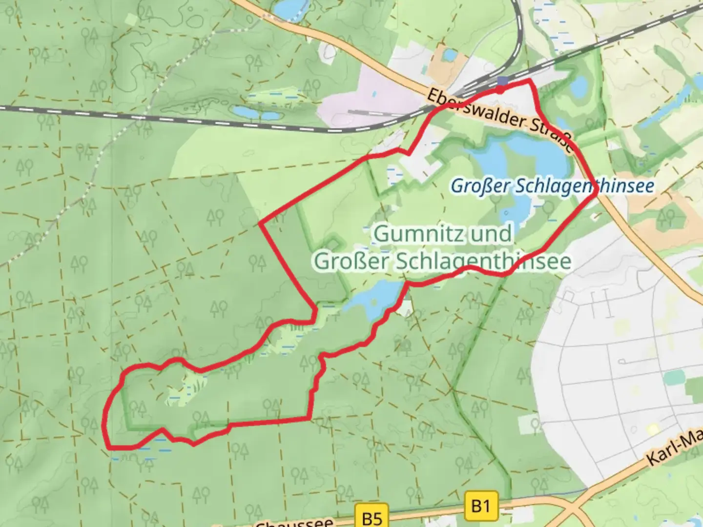 An image depicting the trail Gumnitz und Großer Schlagenthinsee Loop and its surrounding area.