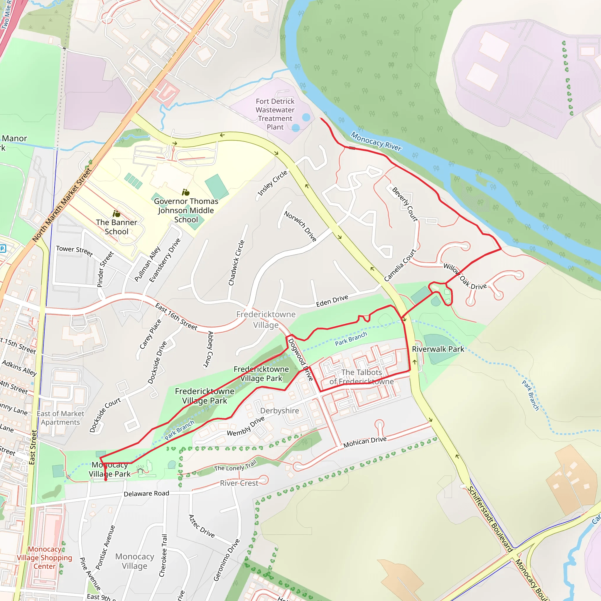 Park Branch, Fredericktowne Village Park and Riverwalk Park mobile static map
