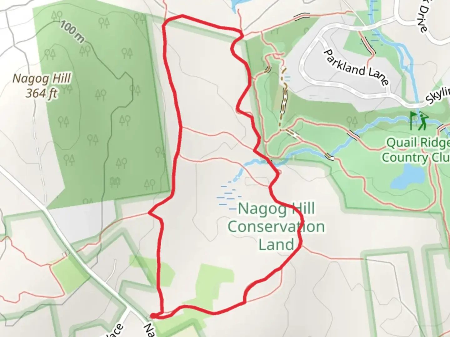 An image depicting the trail Nagog Hill and Pond Area Loop Trail and its surrounding area.