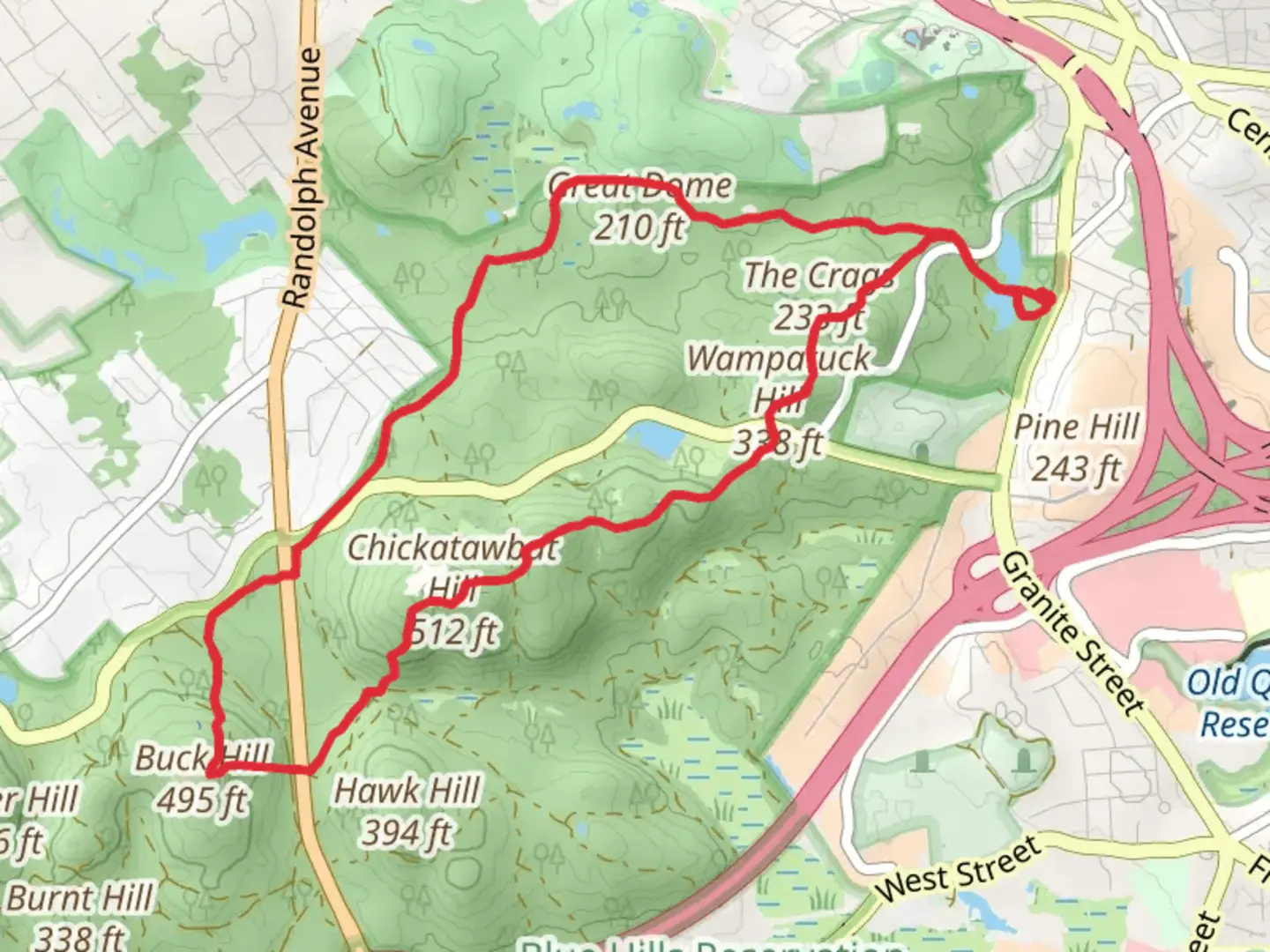 An image depicting the trail Skyline Trail and Sawcut Notch Path Loop via Saint Moritz Pond and its surrounding area.