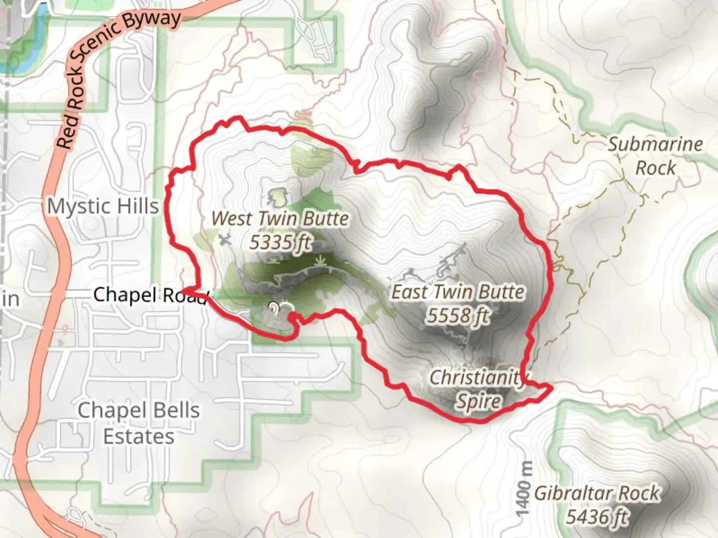 An image depicting the trail Chapel Trail, Broken Arrow Trail and Hog Heaven Trail Loop and its surrounding area.