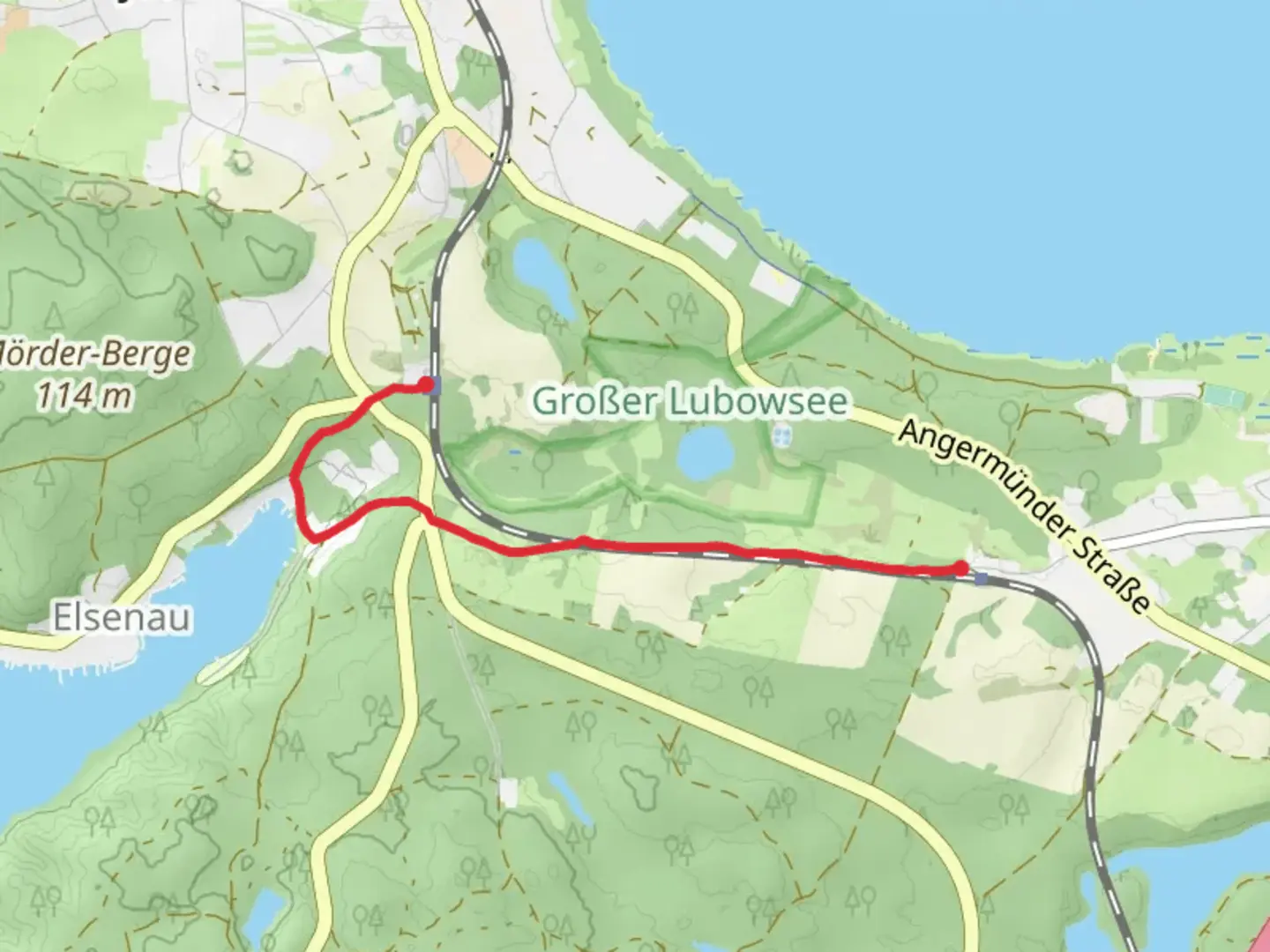 An image depicting the trail Alt Hüttendorf to Bahnhof Werbellinsee via Blauer Balken Gollin - Eberswalde and its surrounding area.