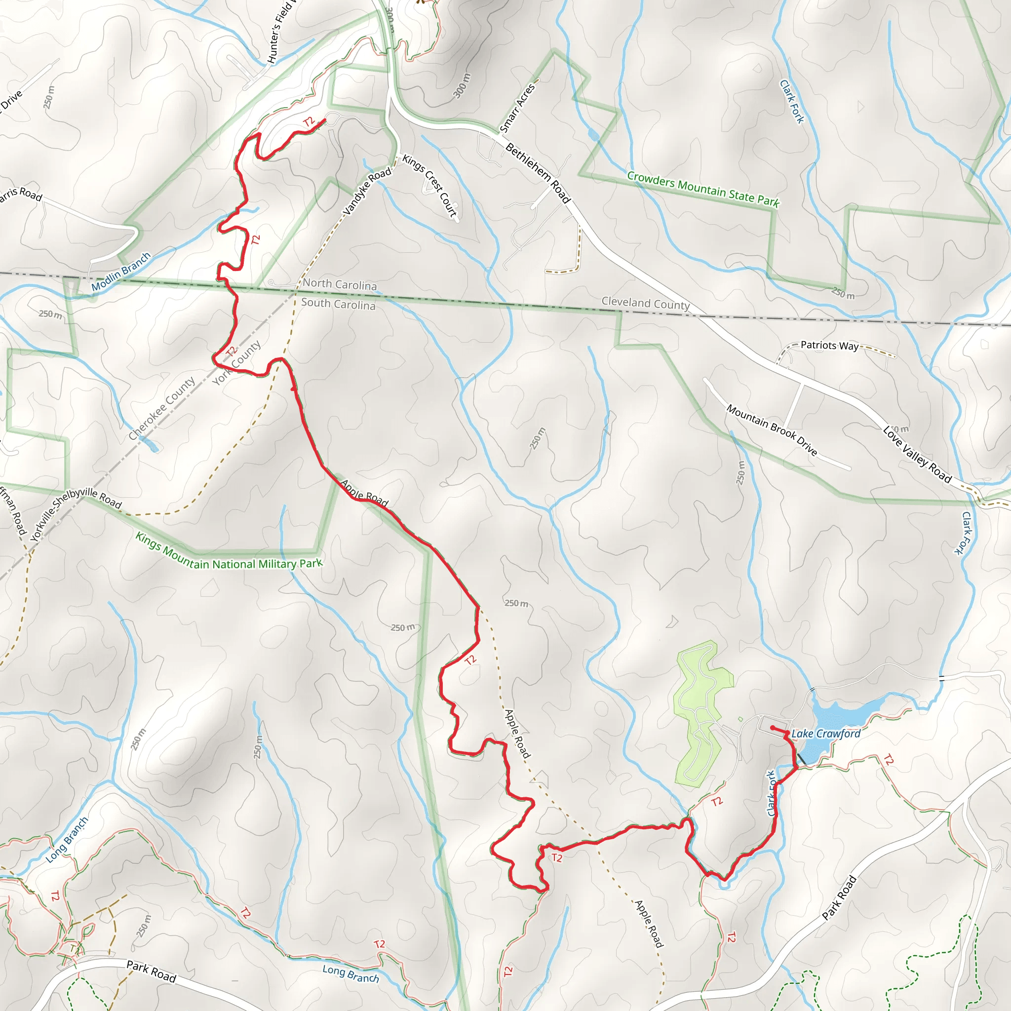 Kings Mountain National Recreation and Ridgeline Trail from Lake Crawford mobile static map