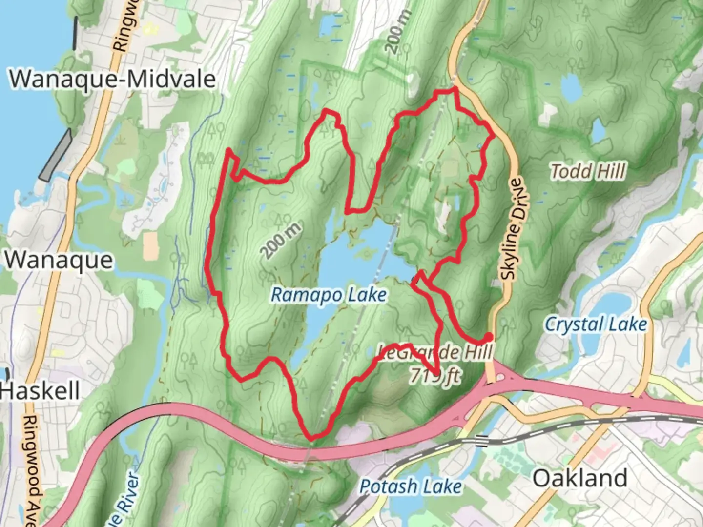 An image depicting the trail Ramapo Lake Loop via Wanaque Ridge Trail and MacEvoy Trail and its surrounding area.