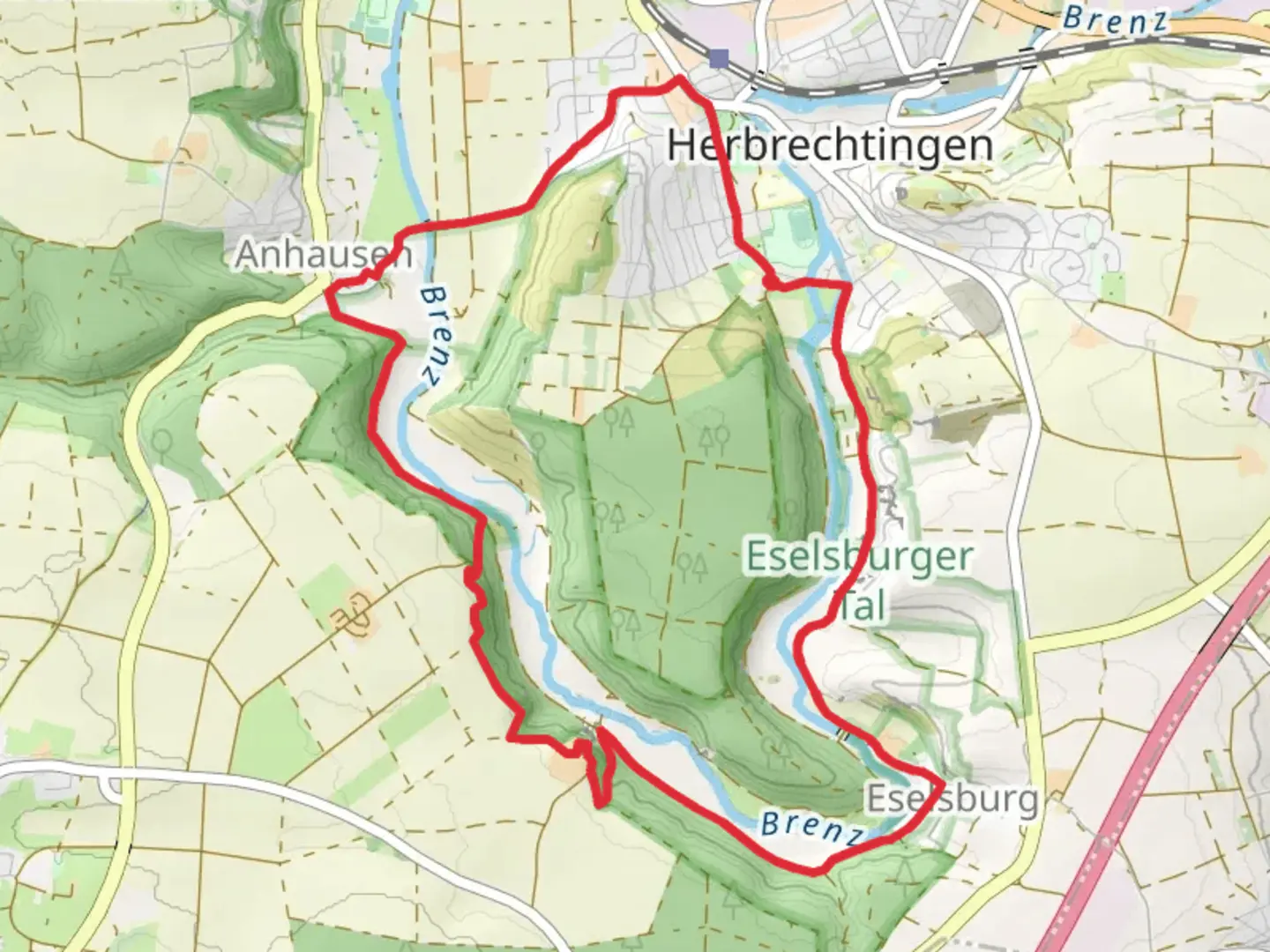 An image depicting the trail Steinerne Jungfrauen and Ellwangen - Ulm and its surrounding area.