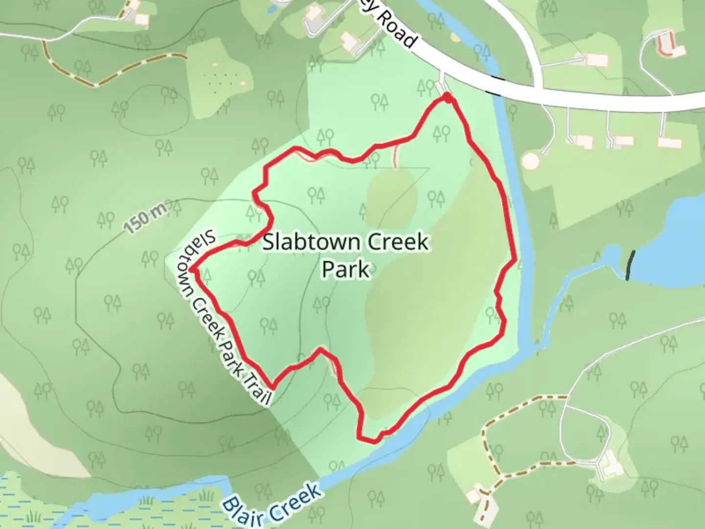 An image depicting the trail Slabtown Creek Park Loop and its surrounding area.