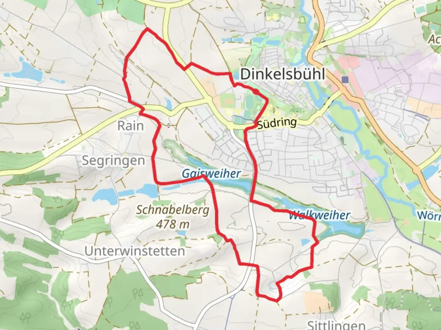 An image depicting the trail Gaisweiher via Rundweg Dinkelsbuehl and its surrounding area.