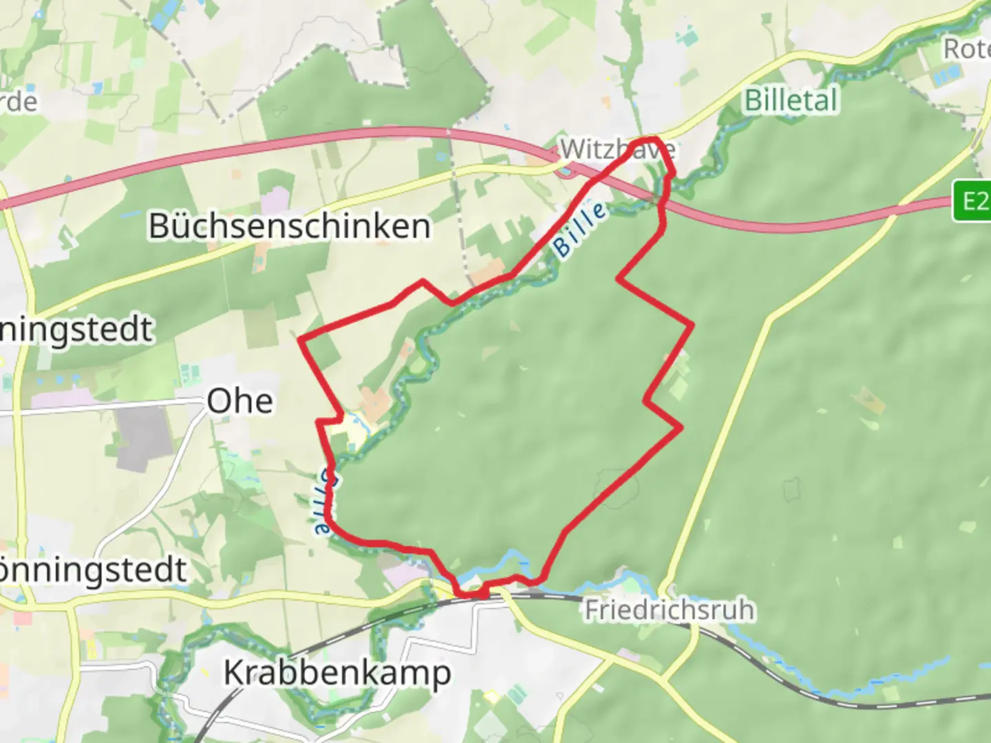An image depicting the trail Mühlenteich, Fahrenhorst and Witzhaver Viert Loop and its surrounding area.