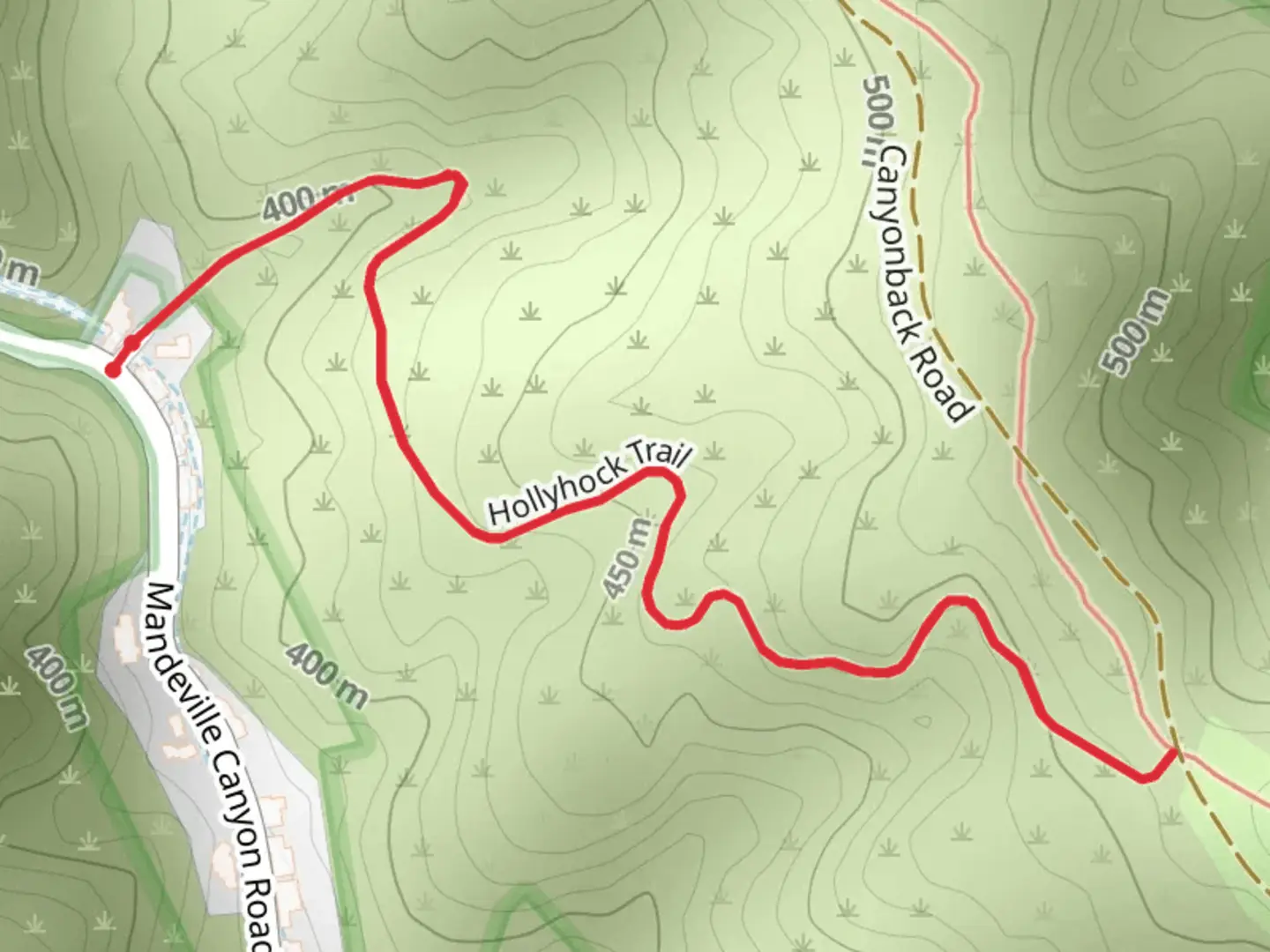 An image depicting the trail Hollyhock Fire Road Trail and its surrounding area.