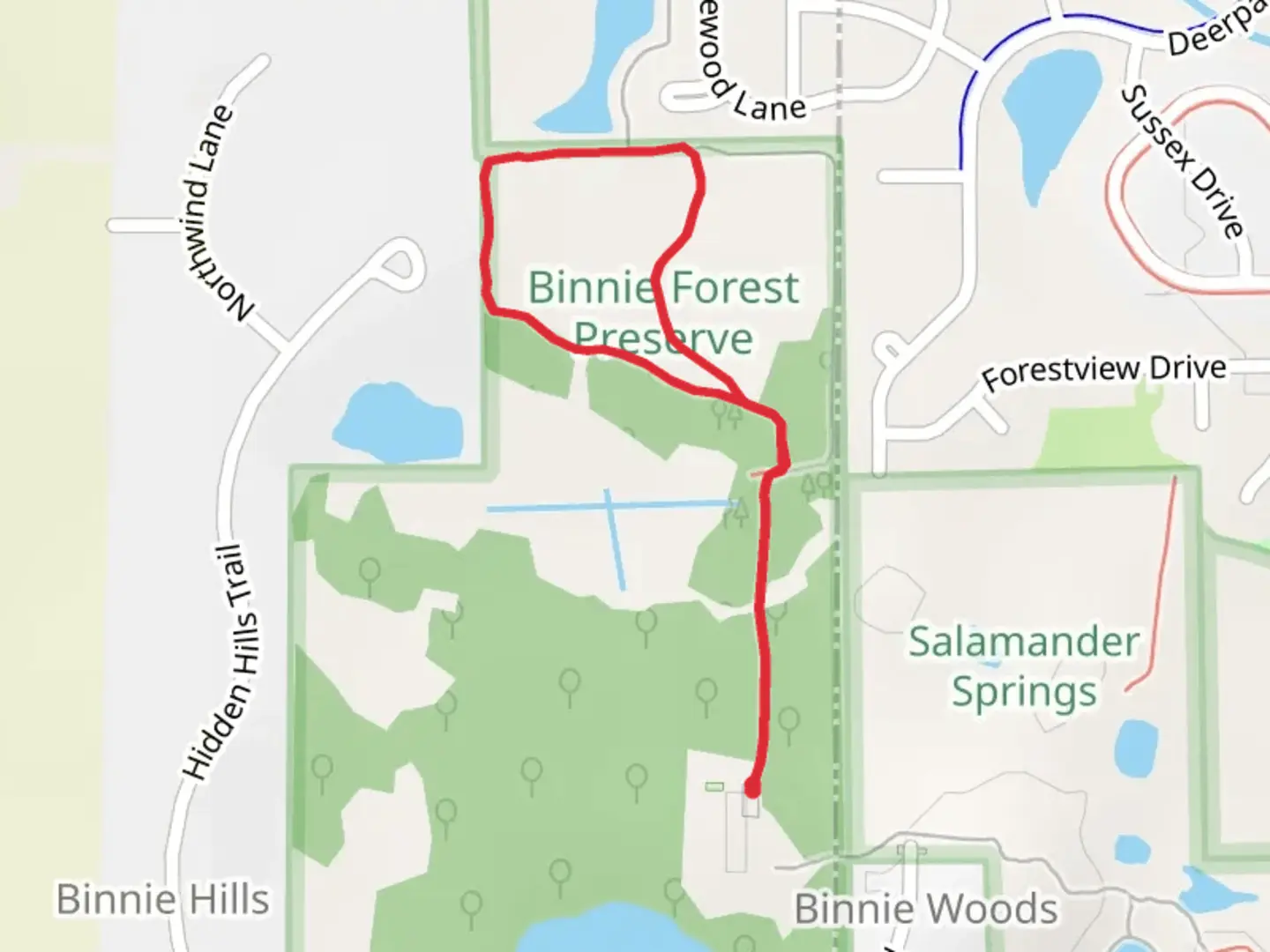 An image depicting the trail Binnie County Forest Preserve Loop and its surrounding area.