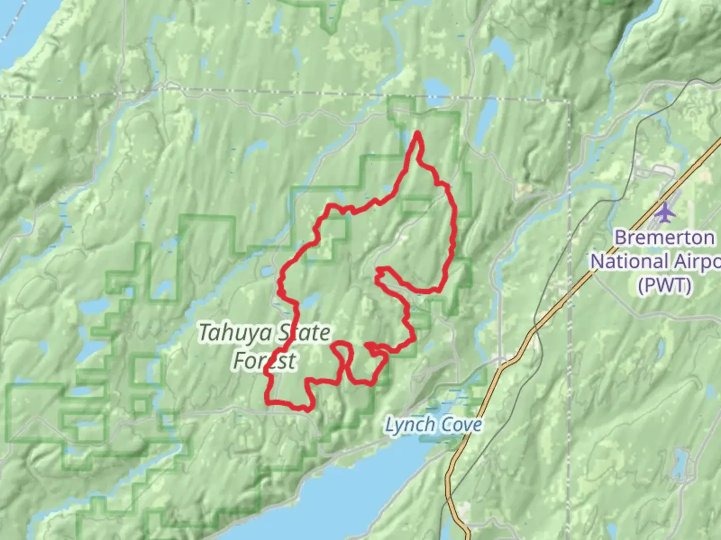 An image depicting the trail Overland Trail, Mission Creek Trail and Tahuya River Trail and its surrounding area.