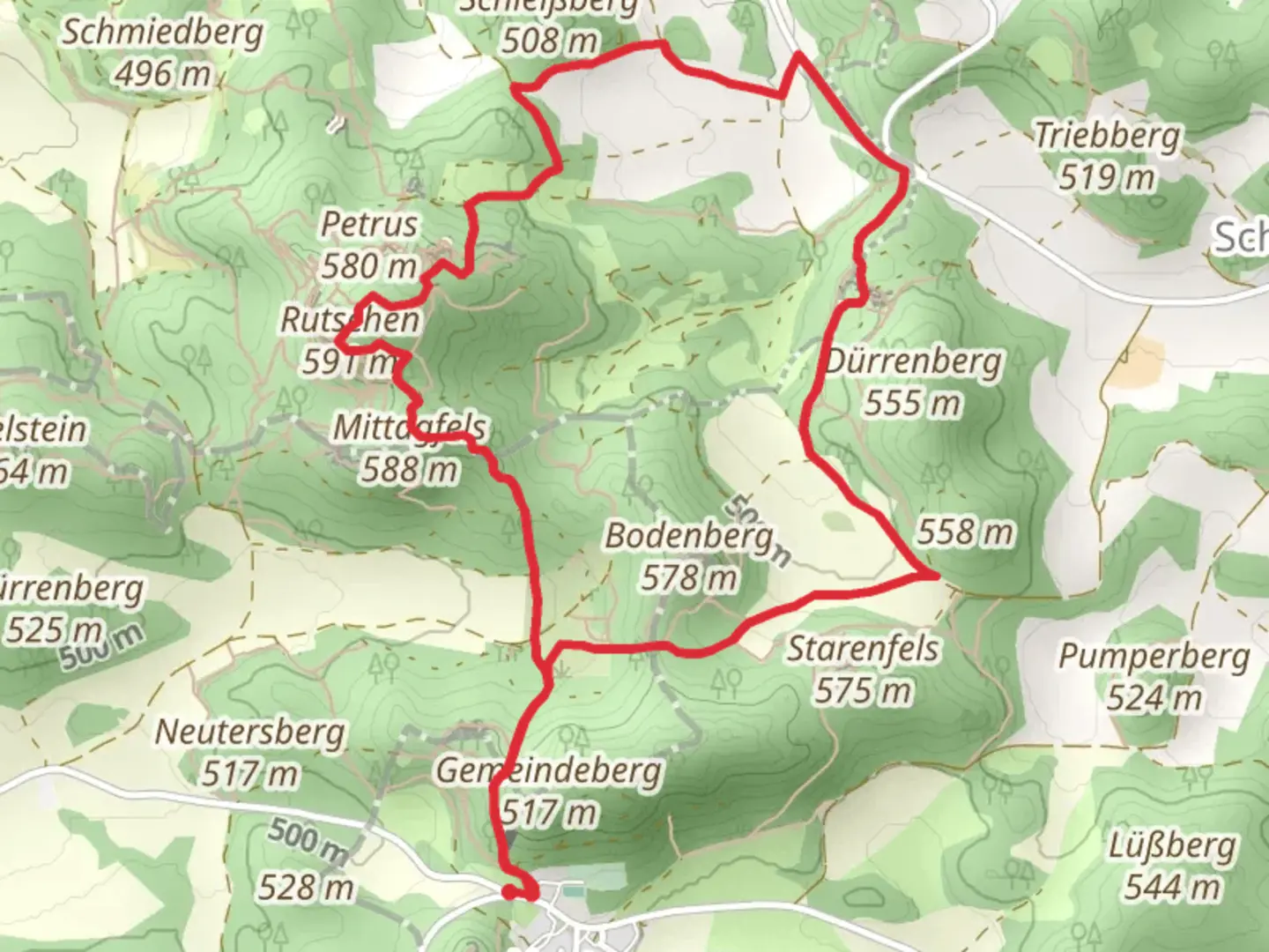 An image depicting the trail Hoehlen Rundweg and Zutiegswege Hoehengluecksteig and its surrounding area.