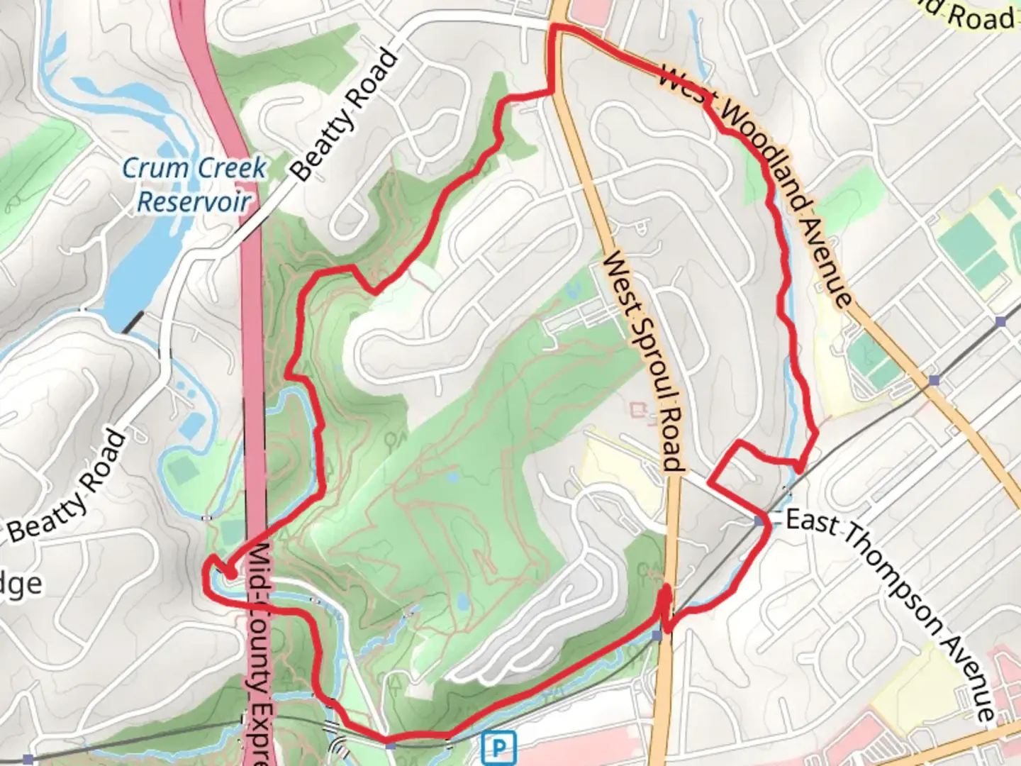 An image depicting the trail Thomson Avenue and Springfield Mall Loop and its surrounding area.