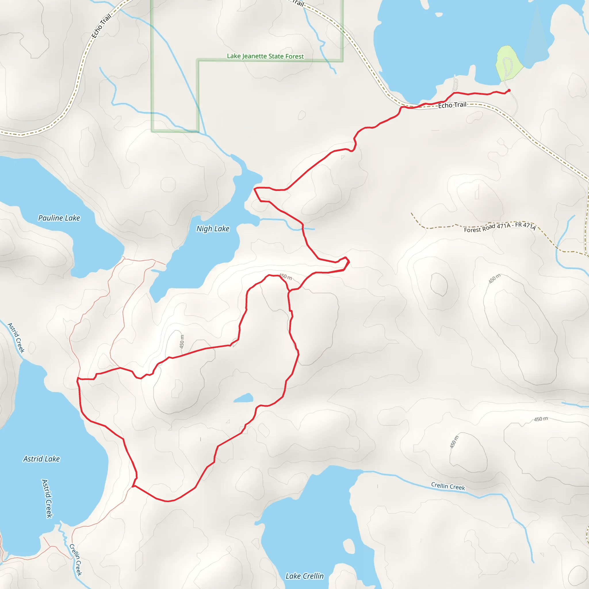 Astrid Lake and Nigh Lake via Astrid Trail mobile static map