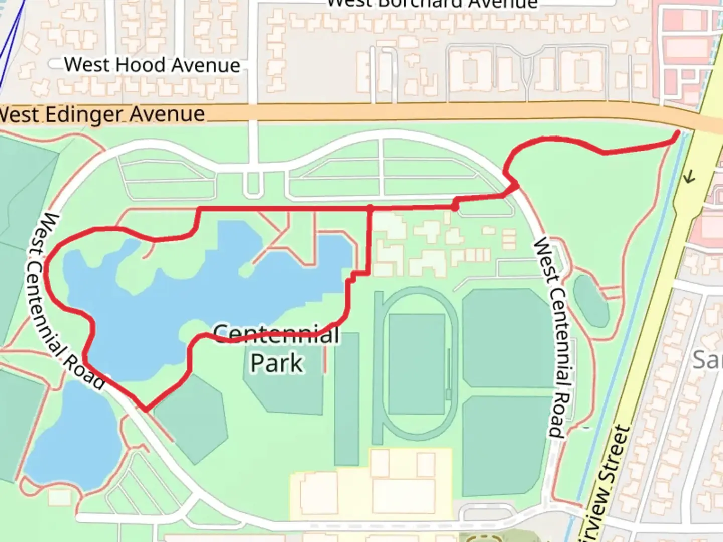 An image depicting the trail Centennial Park Loop and its surrounding area.
