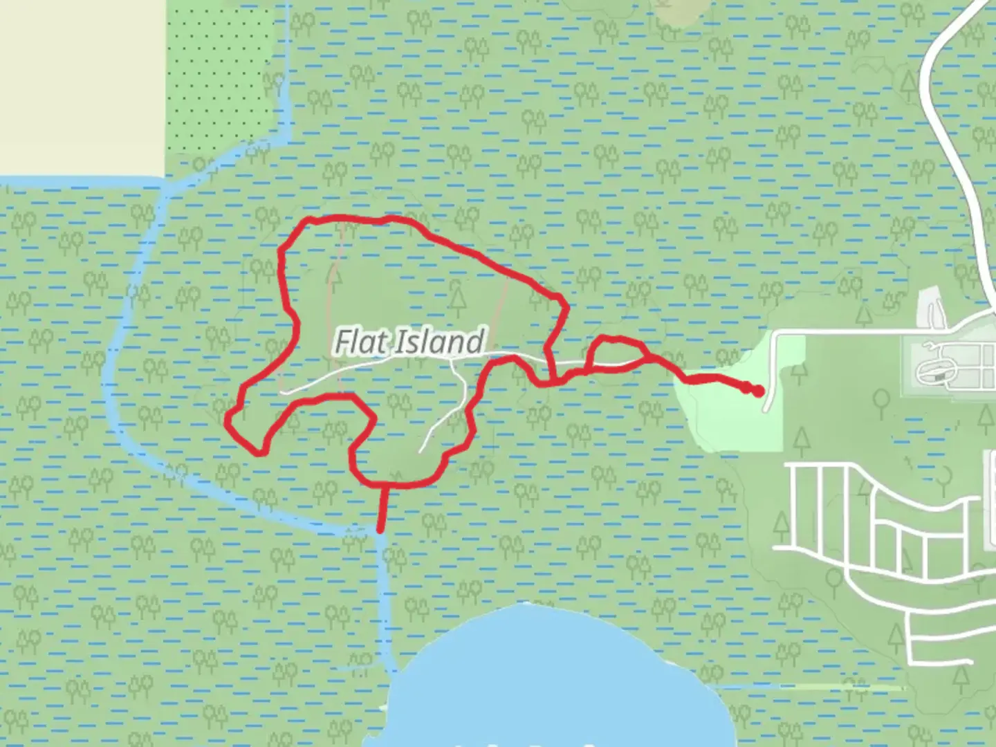 An image depicting the trail Flat Island Loop and its surrounding area.