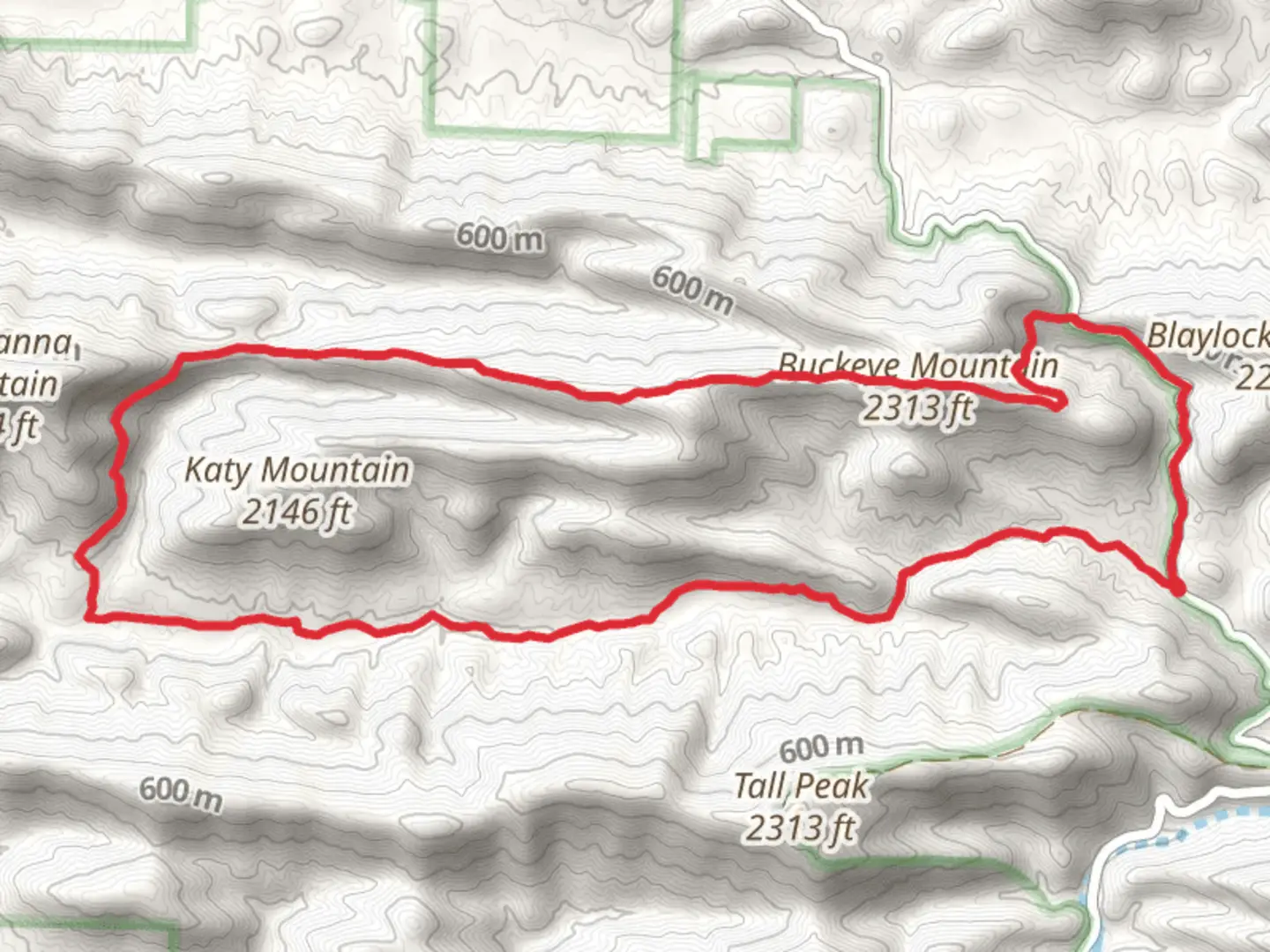An image depicting the trail Buckeye Mountain via Buckeye Trail and East Caney Creek Trail and its surrounding area.