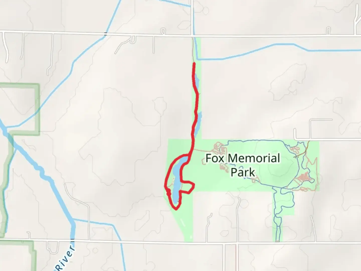 An image depicting the trail Fox Memorial Park Loop and its surrounding area.