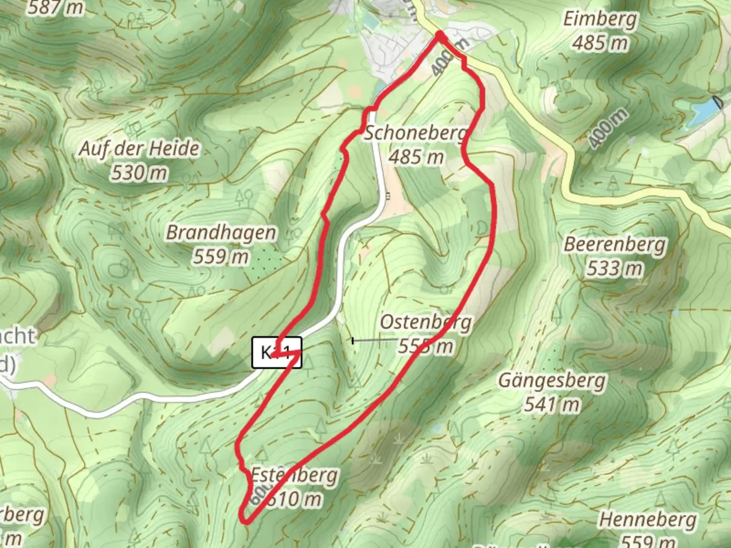 An image depicting the trail Ostenberg via Grevenstein Rundweg and its surrounding area.