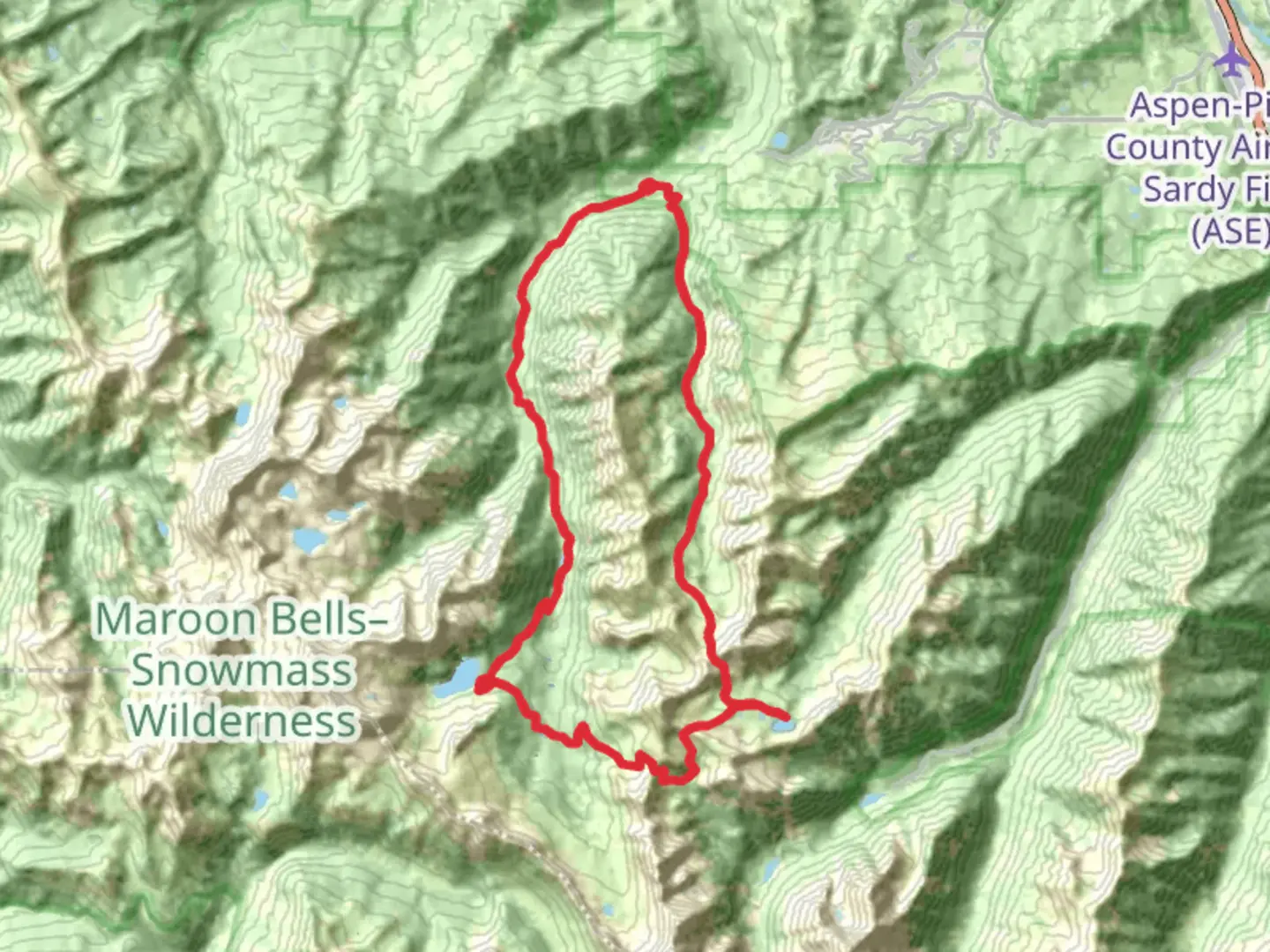 An image depicting the trail Maroon-Snowmass, Buckskin Pass, Willow Lake and East Snowmass Loop Trail and its surrounding area.