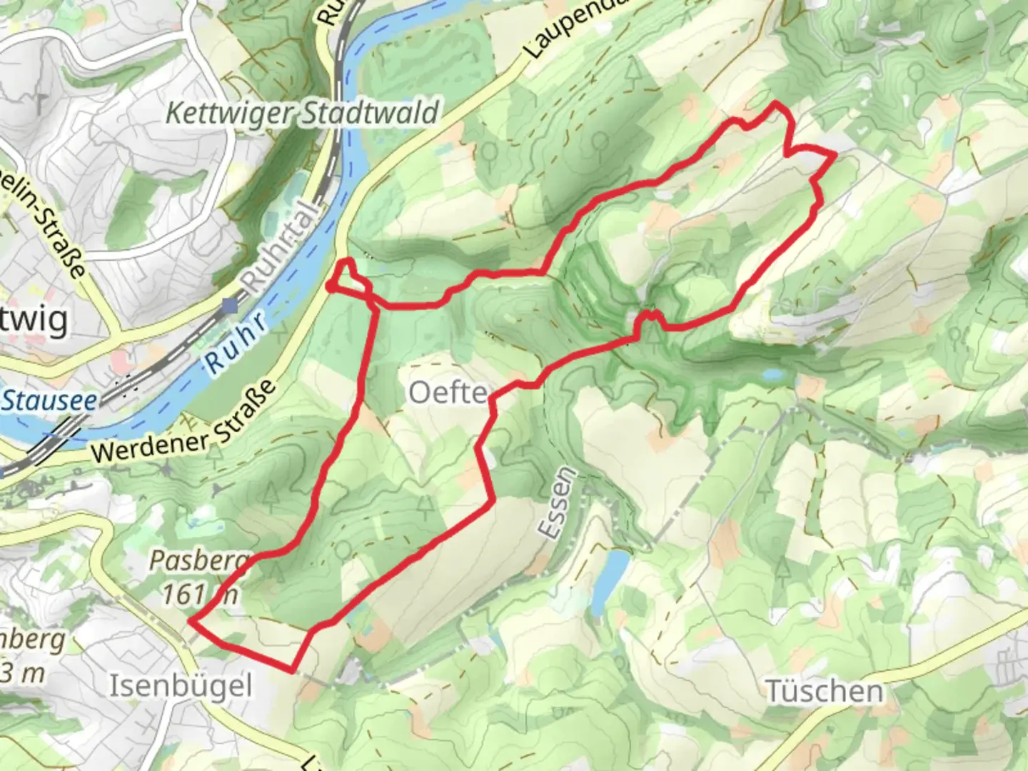 An image depicting the trail Isenbuegel Rundweg A2 and Werden Rundweg A2 and its surrounding area.