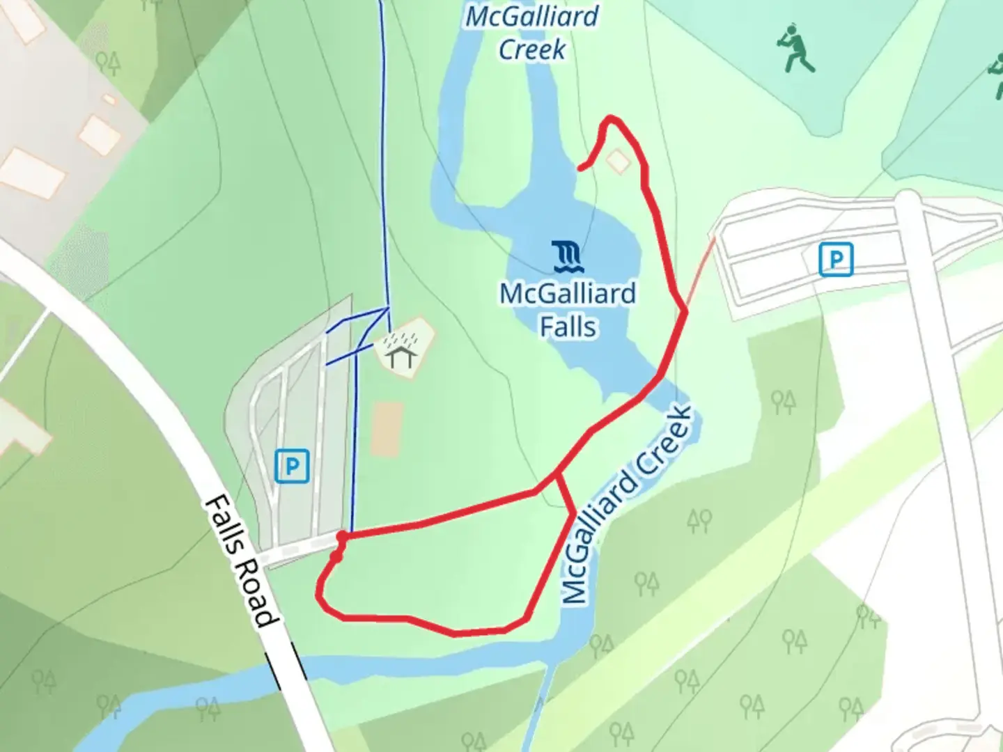 An image depicting the trail McGalliard Falls and its surrounding area.