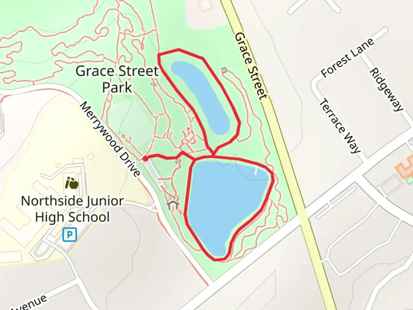 An image depicting the trail Grace Street Park Ponds Loop and its surrounding area.