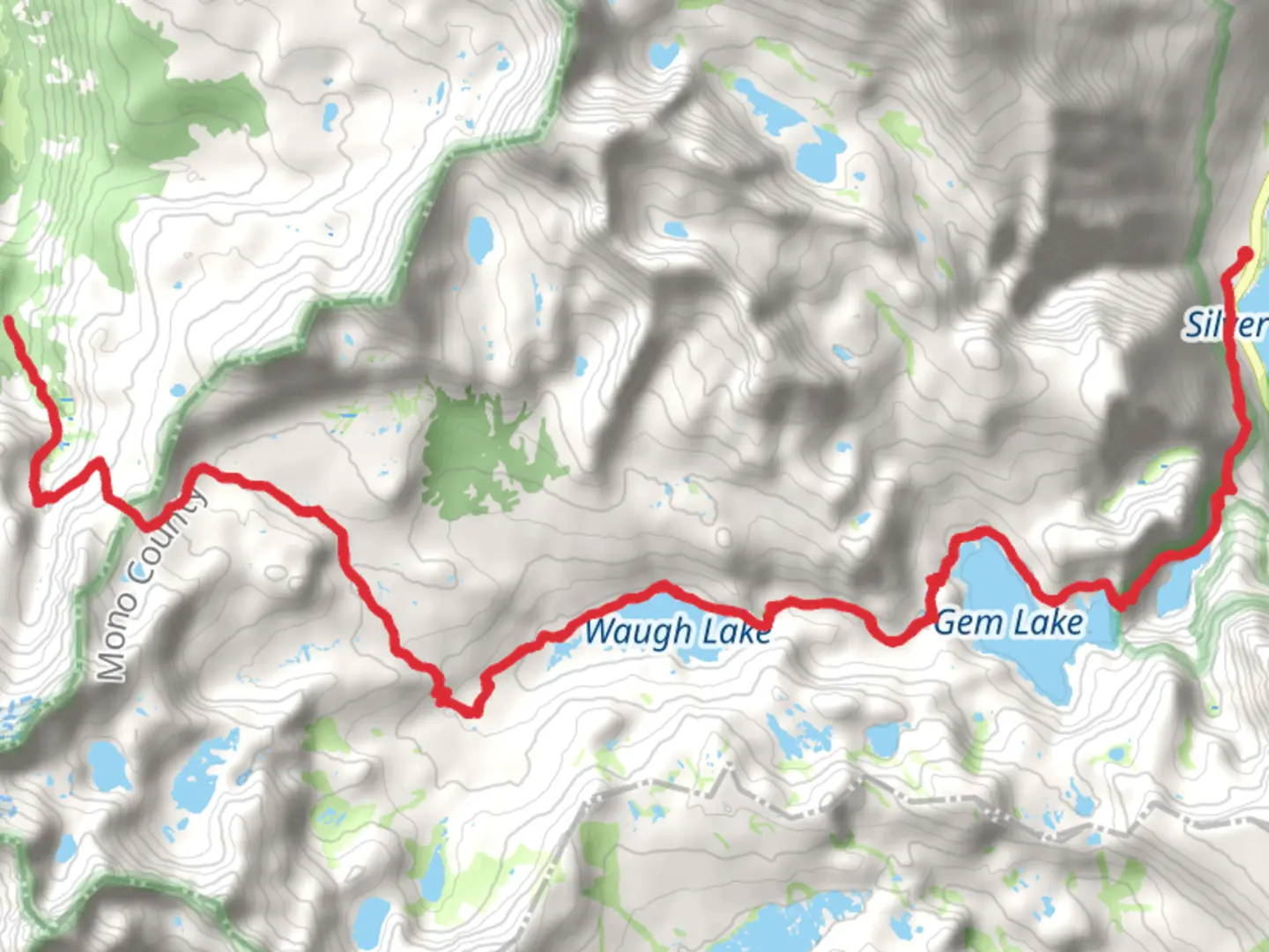 An image depicting the trail Gem Lake, Waugh Lake and John Muir Trail and its surrounding area.