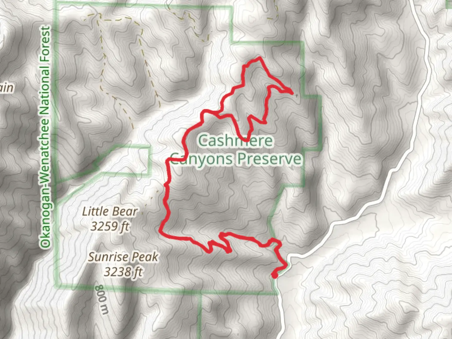 An image depicting the trail Nahahum Trail and Lower Loop Trail and its surrounding area.