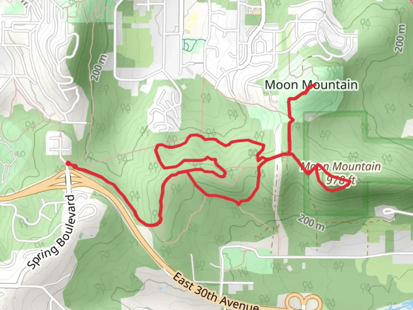 An image depicting the trail Ribbon Trail and Moon Mountain and its surrounding area.