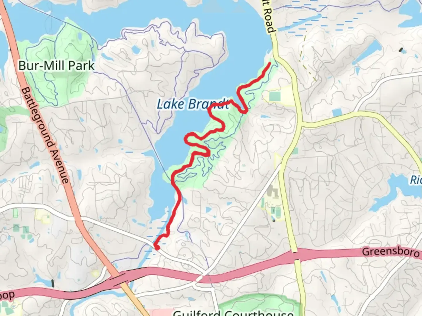An image depicting the trail Nat Greene Trail - Lake Brandt and its surrounding area.