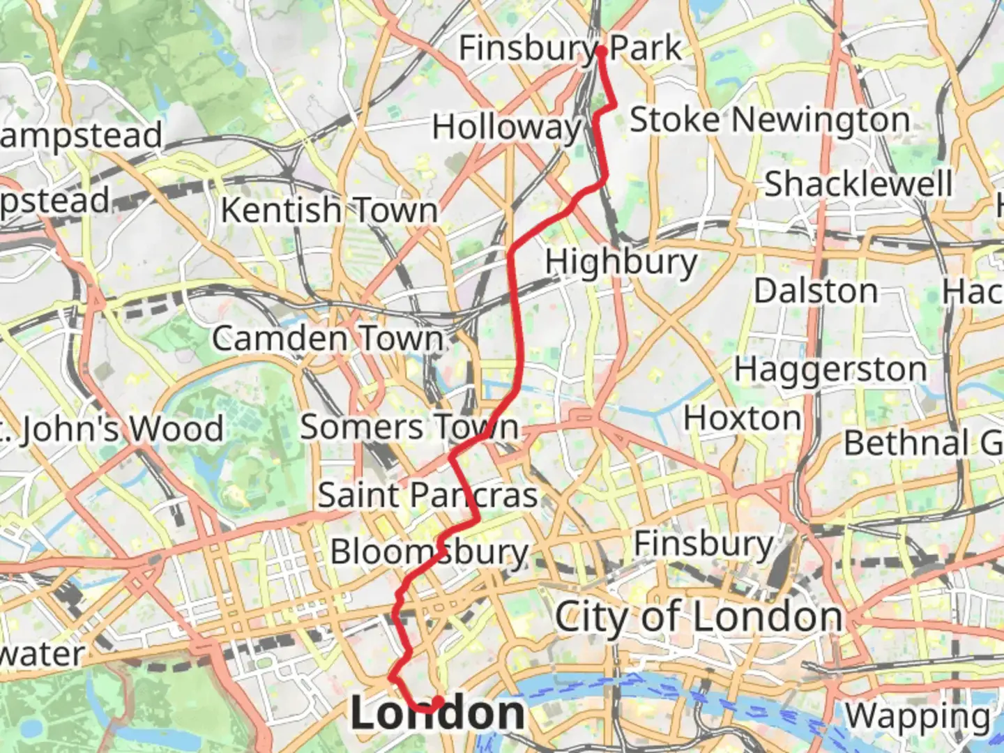 An image depicting the trail Finsbury Park to Trafalgar Square Walk and its surrounding area.