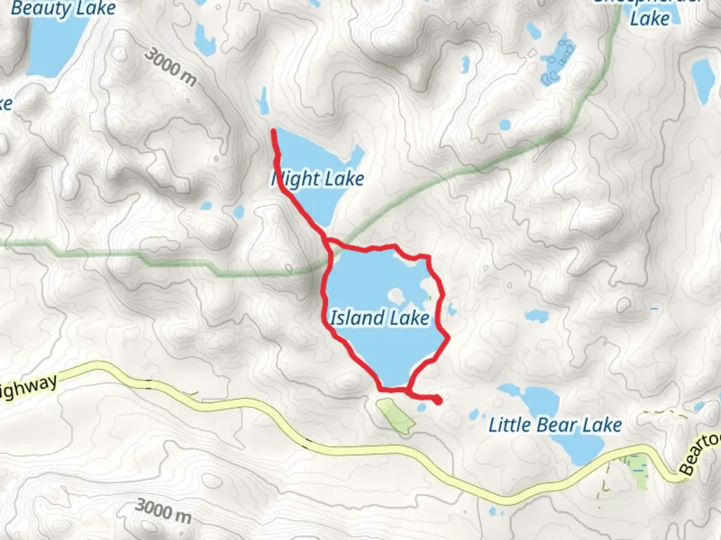 An image depicting the trail Night and Island Lake Loop and its surrounding area.