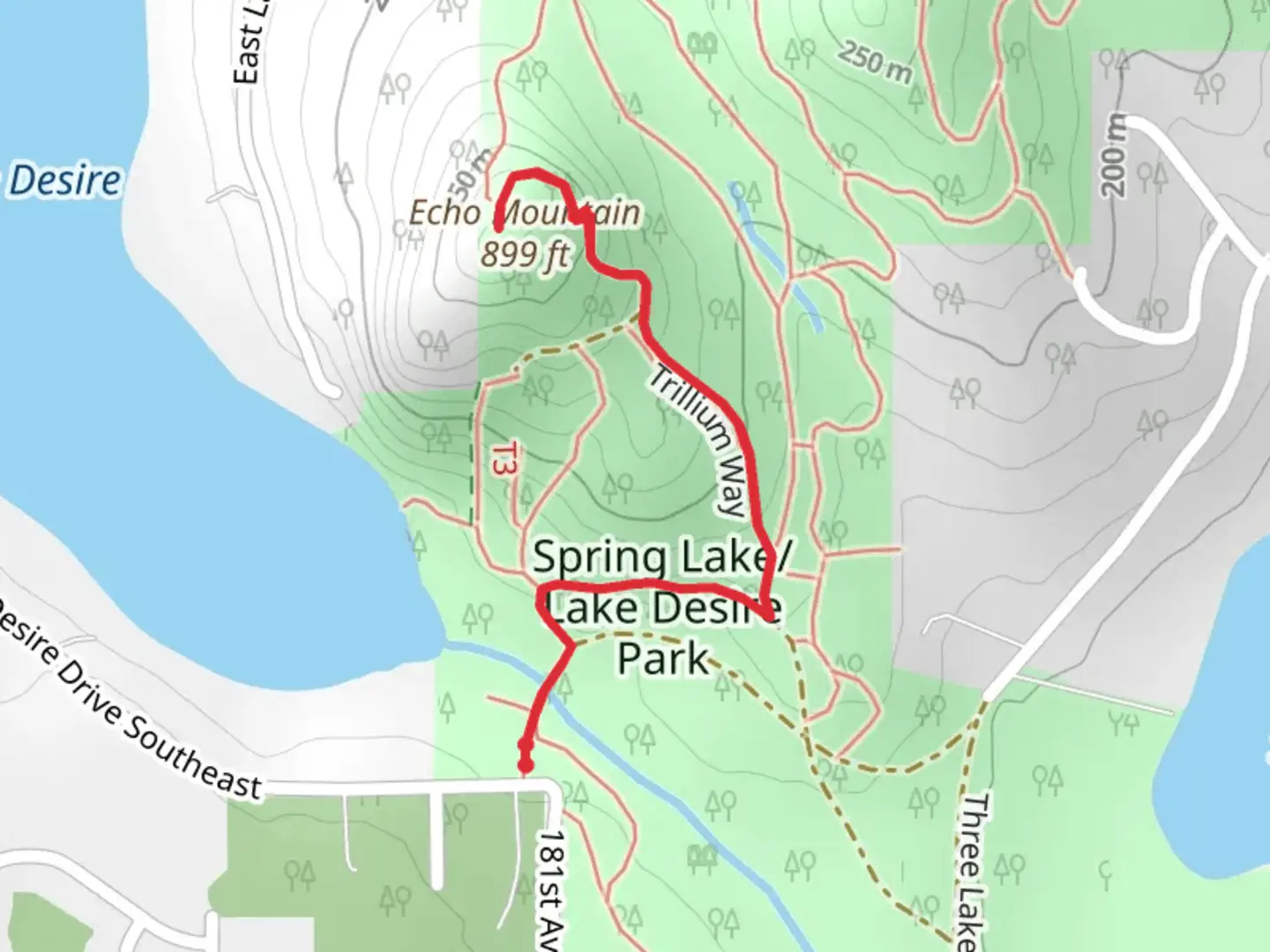 An image depicting the trail Echo Mountain via Trillium Way and its surrounding area.