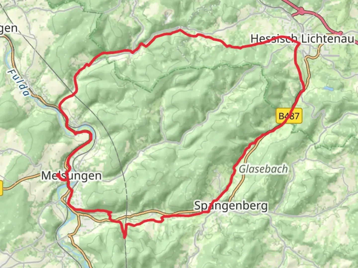 An image depicting the trail Fulda via Elisabethpfad and Eder Geister Weg and its surrounding area.