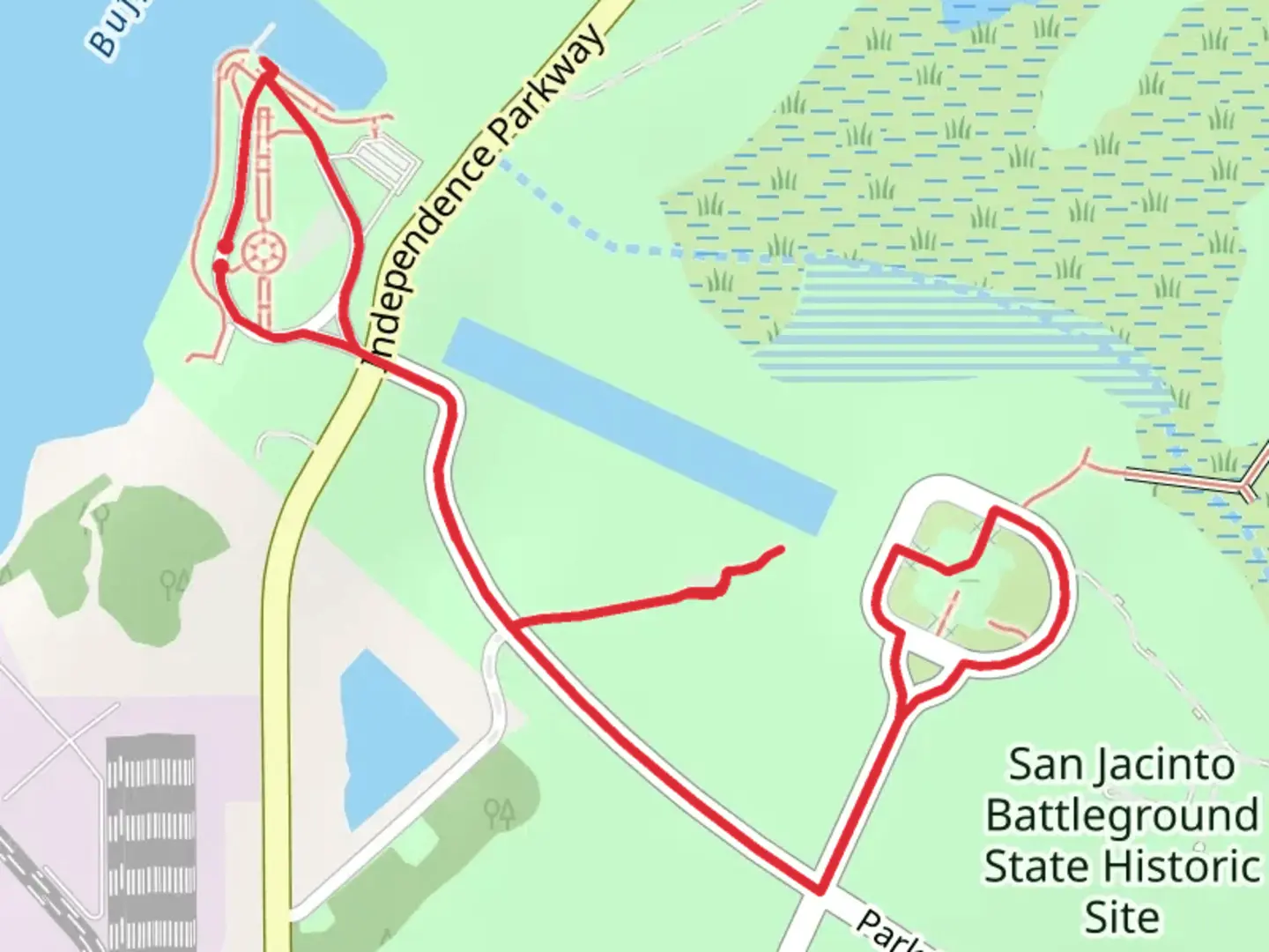 An image depicting the trail De Zavala Family Cemetery and San Jacinto Battleground State Historic Site Walk and its surrounding area.
