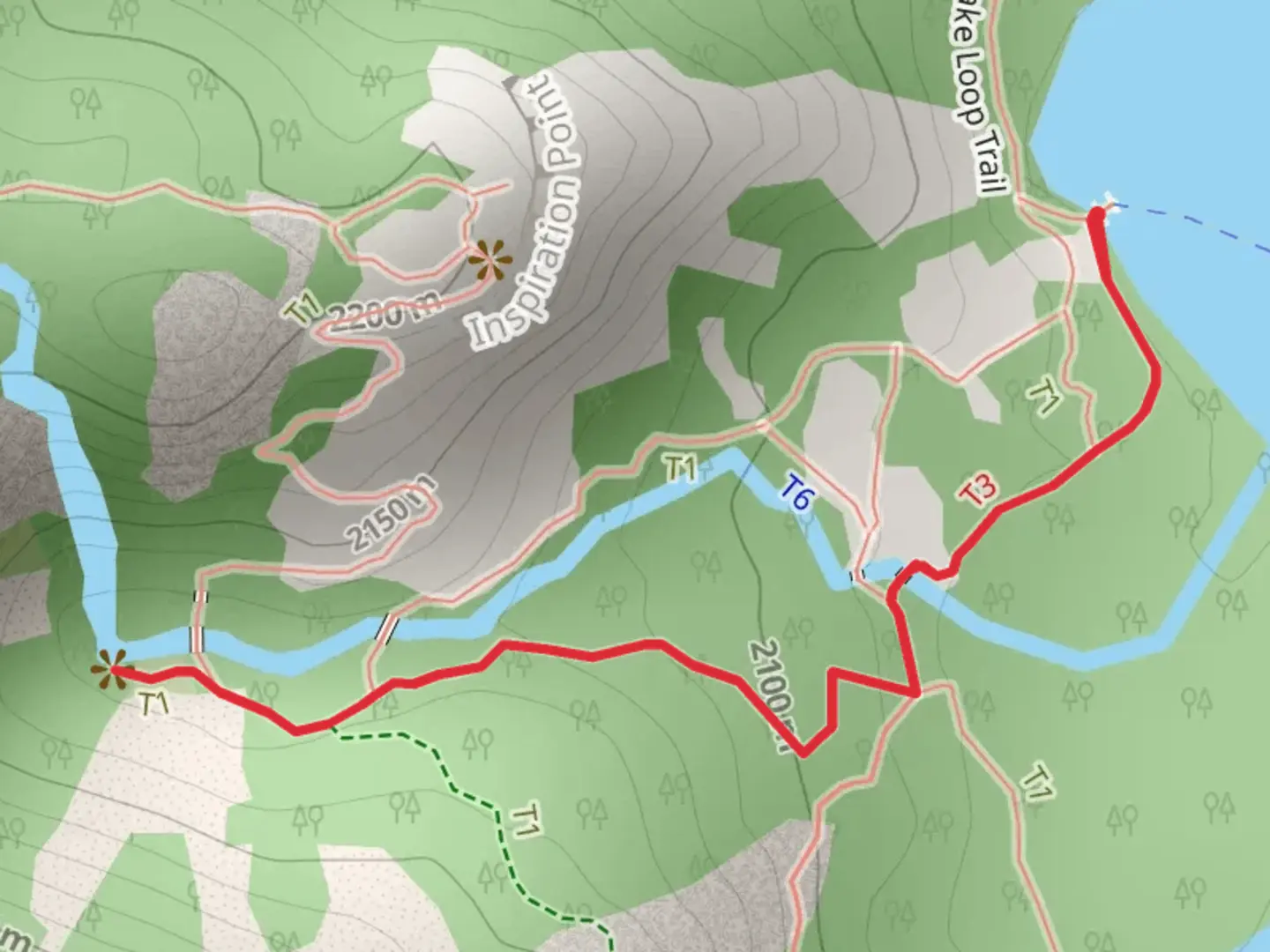 An image depicting the trail Hidden Falls via Boat Dock Trail and its surrounding area.