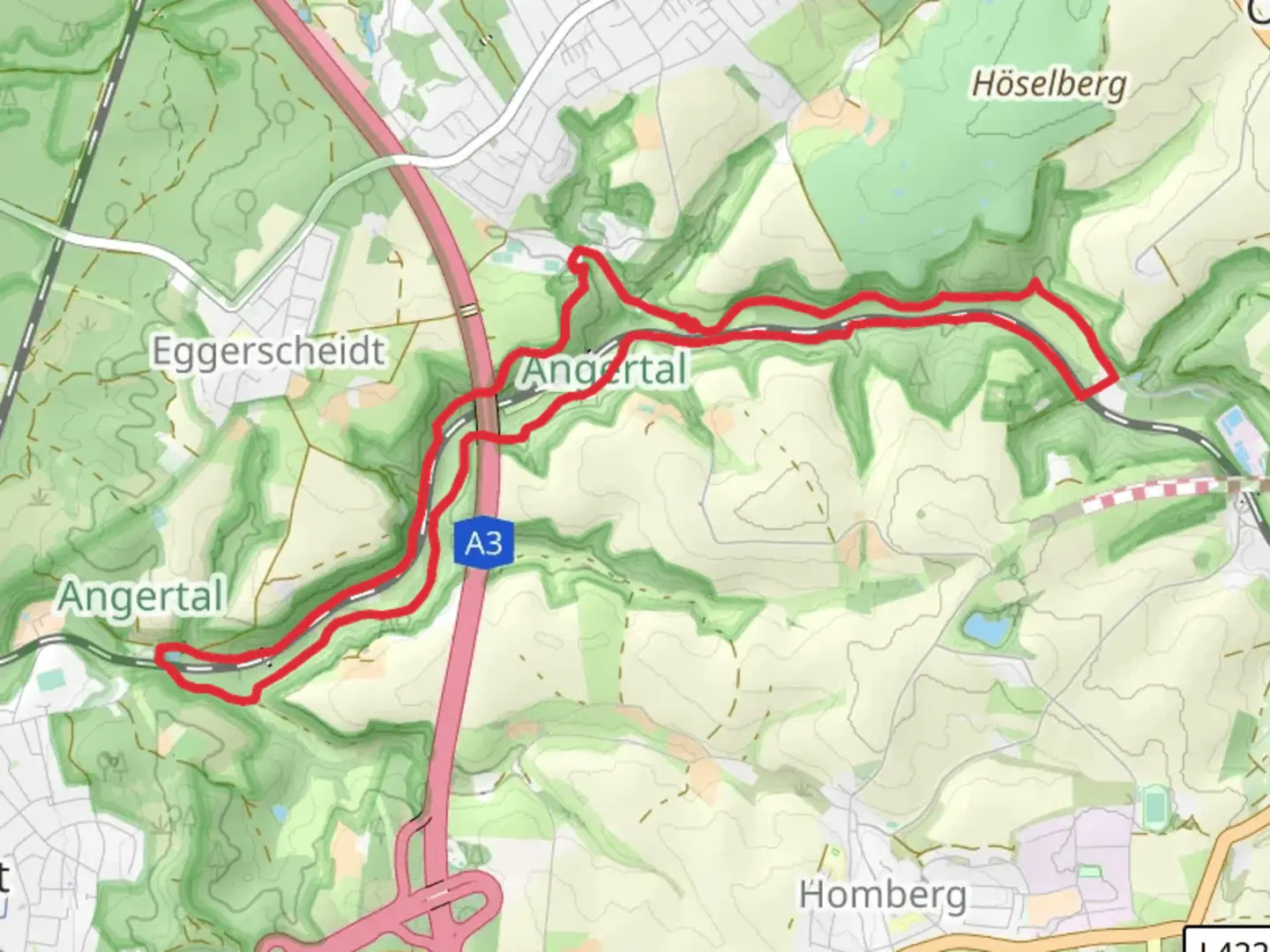 An image depicting the trail Steinkothen Rundweg and Doppelbalken Ratingen-Hoesel and its surrounding area.