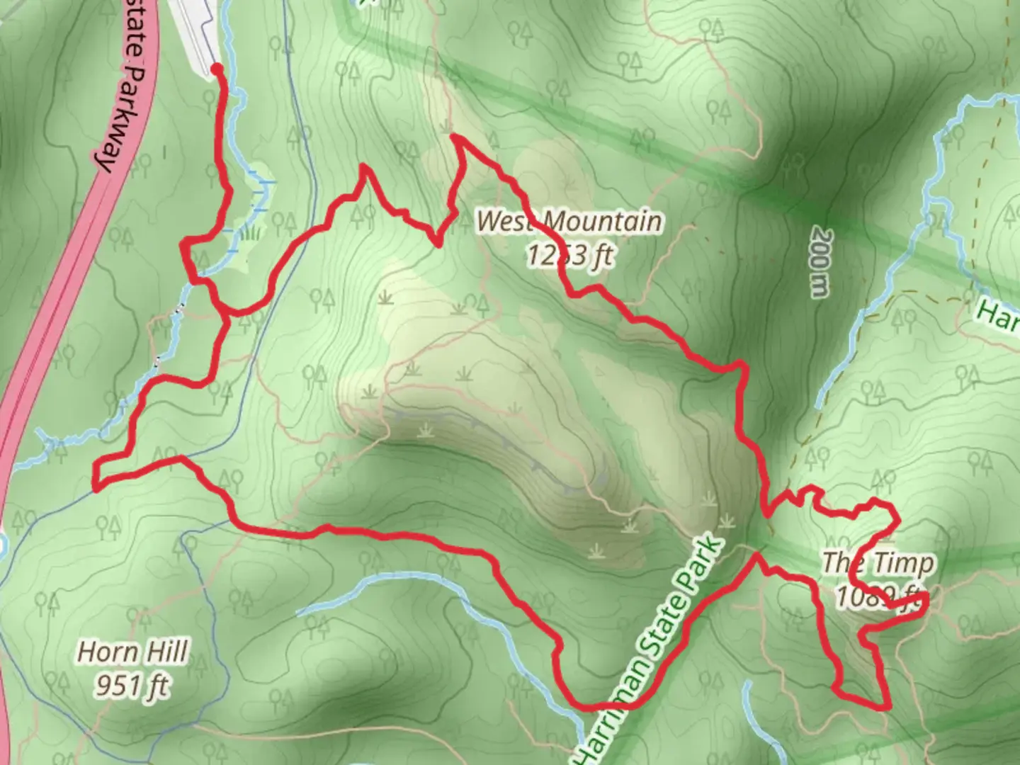 An image depicting the trail The Timp and West Mountain Loop via Red Cross and its surrounding area.