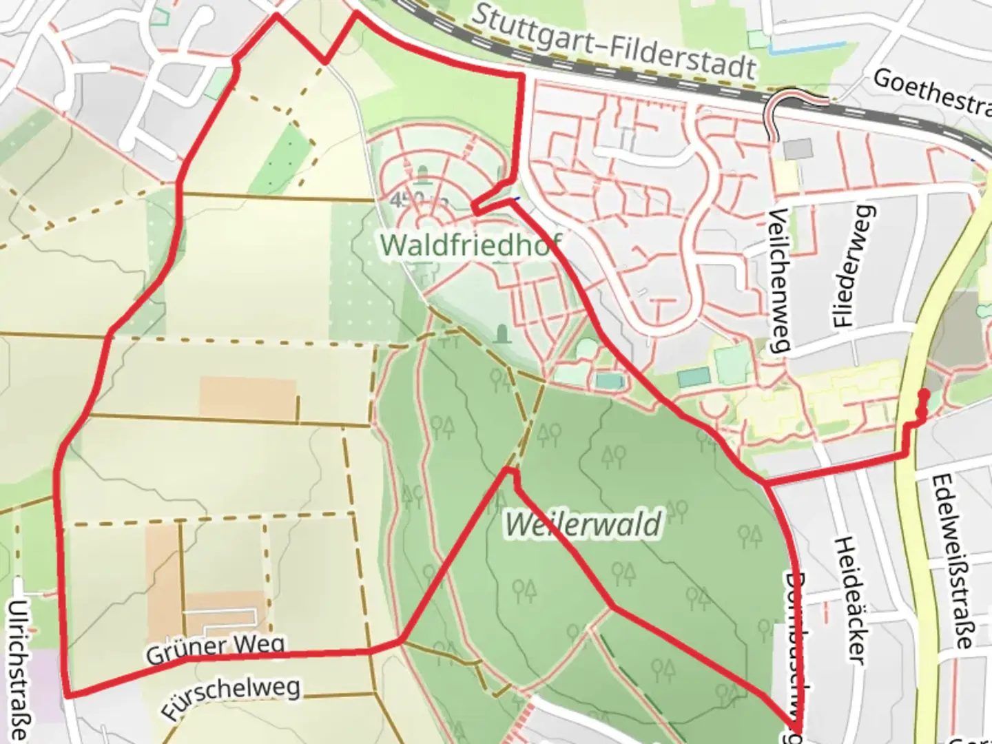 An image depicting the trail Weilerwald via Grüner Weg and Musberger Weg and its surrounding area.