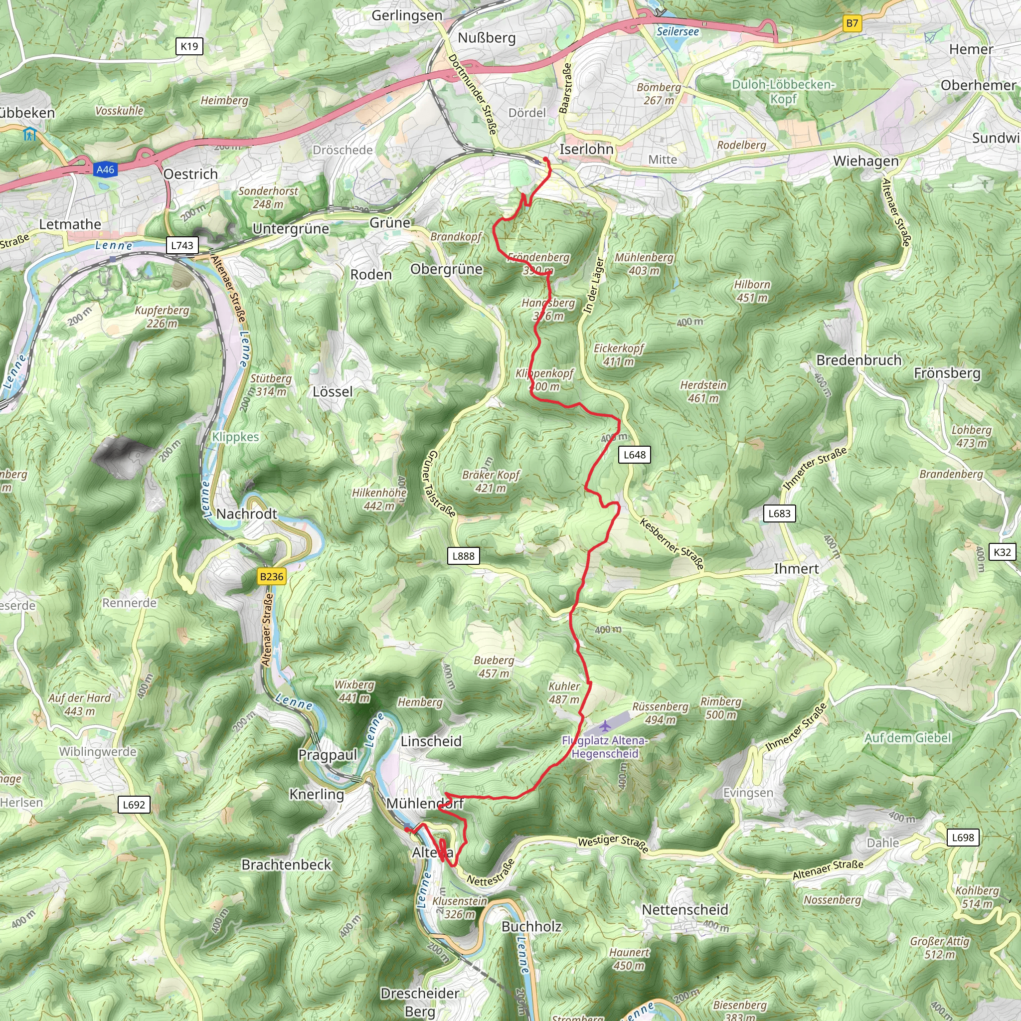 Iserlohn to Altena via Drahthandelsweg mobile static map