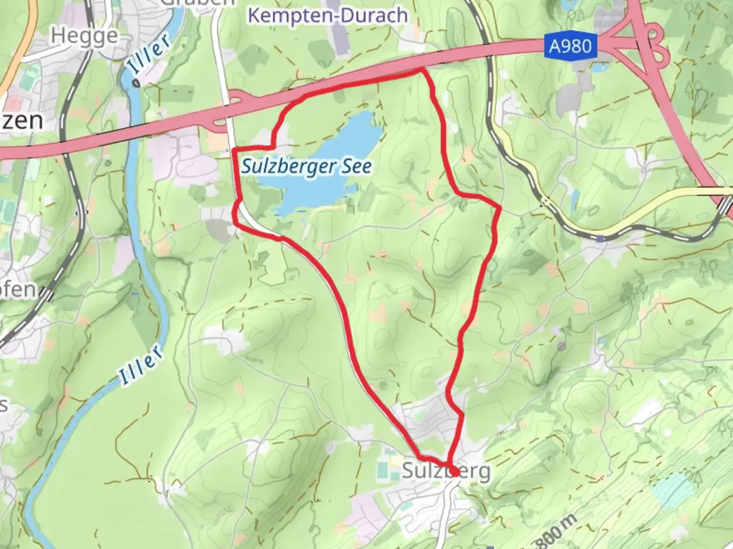 An image depicting the trail Sulzberger See via Sulzberg and its surrounding area.