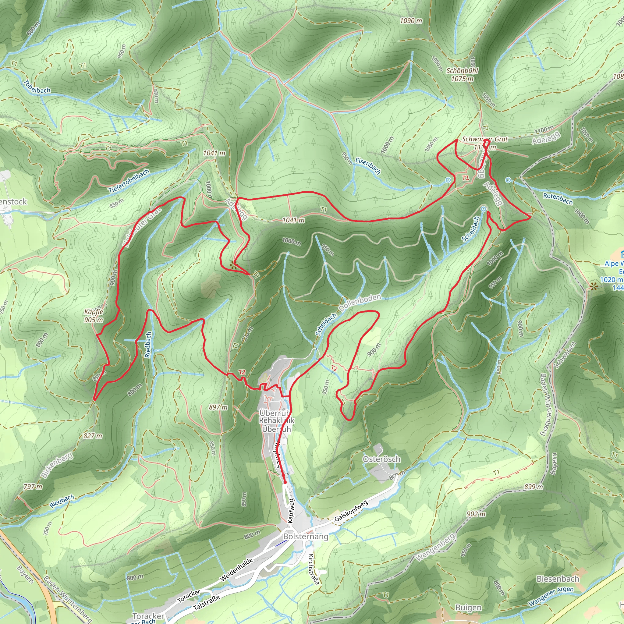 Schwarzer Grat via Adelegg Wandergebiet and Heuberg Allgaeu Weg mobile static map