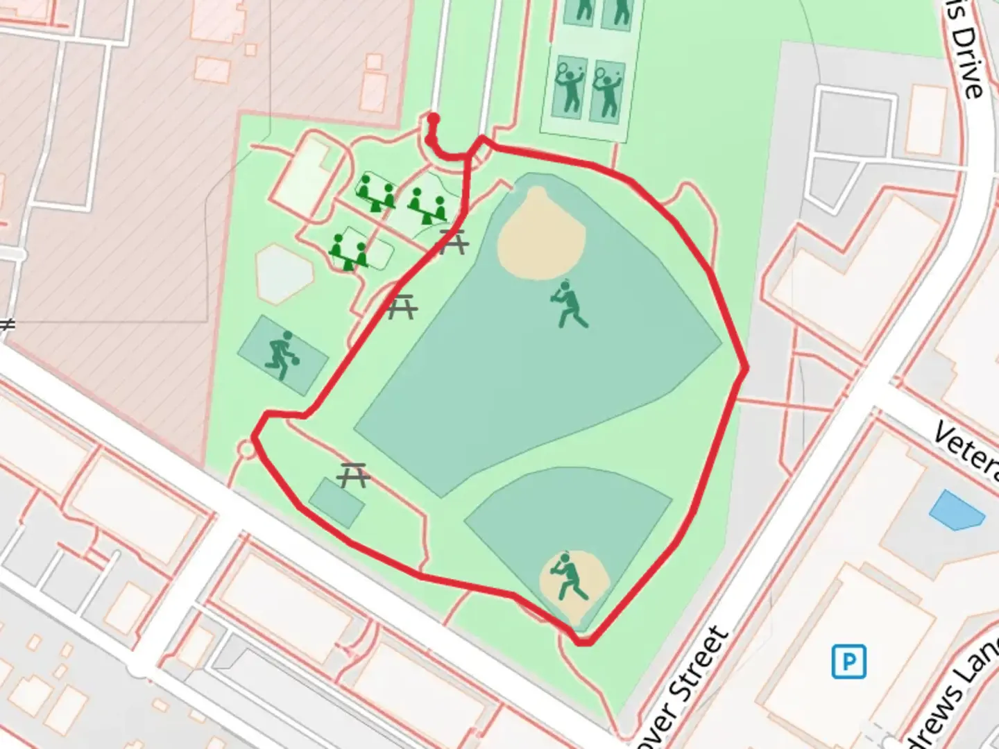 An image depicting the trail Veterans Park Loop and its surrounding area.
