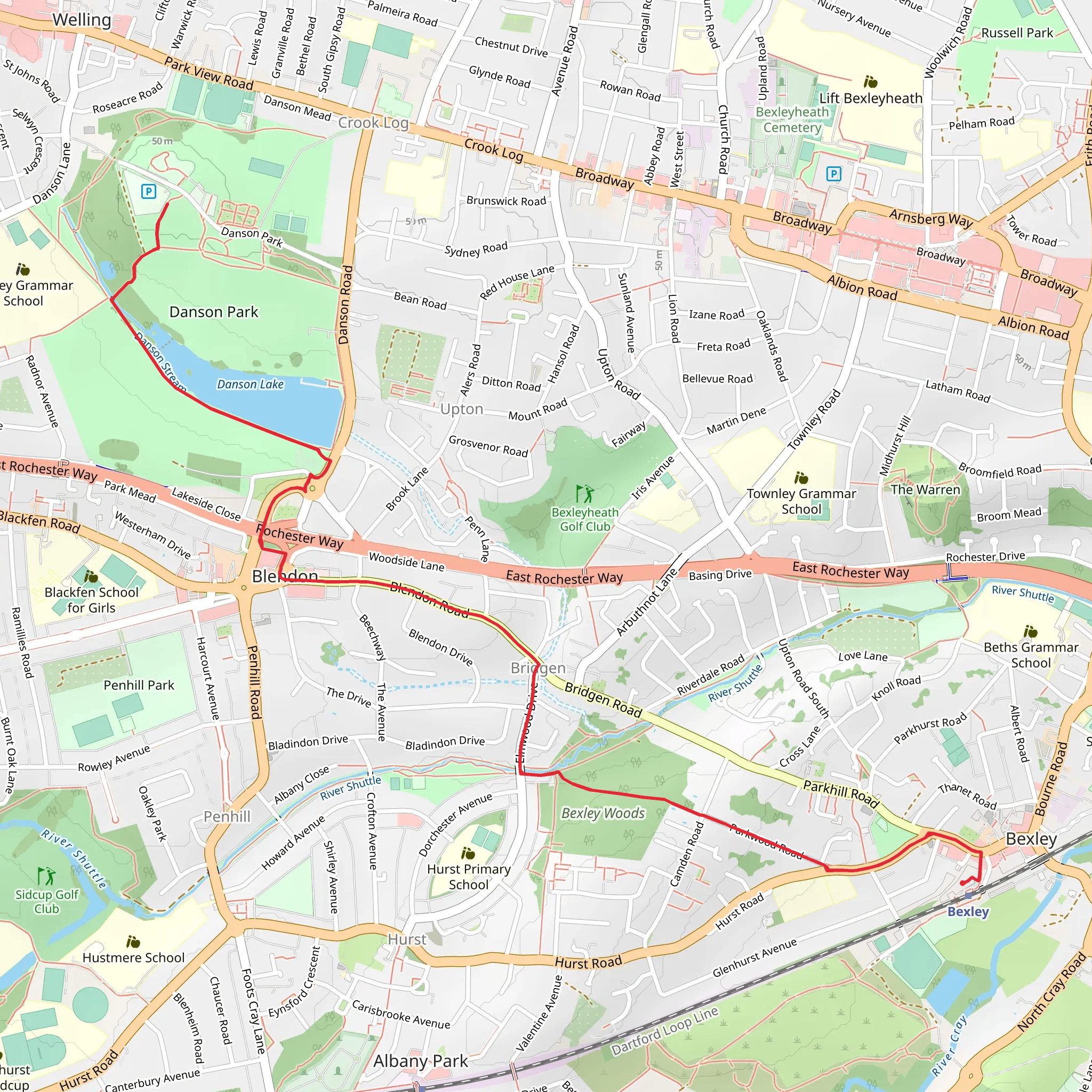 Bexley Woods, Danson Lake and Danson Park Walk mobile static map