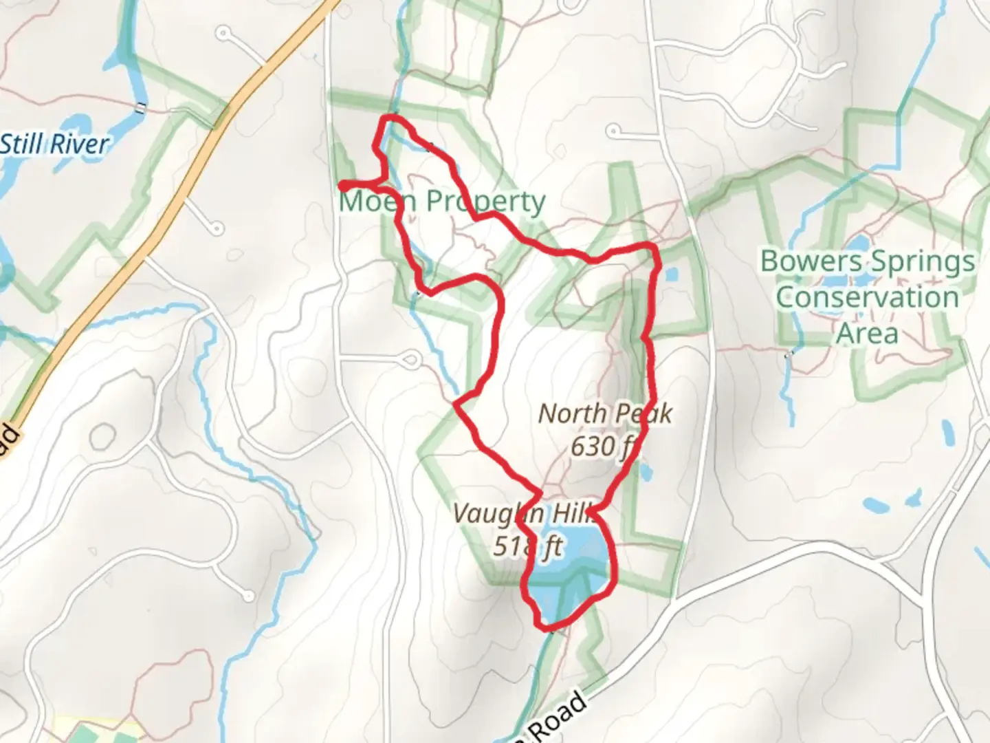 An image depicting the trail Vaughn Hill via Vaughn Primary Trail West and East and its surrounding area.