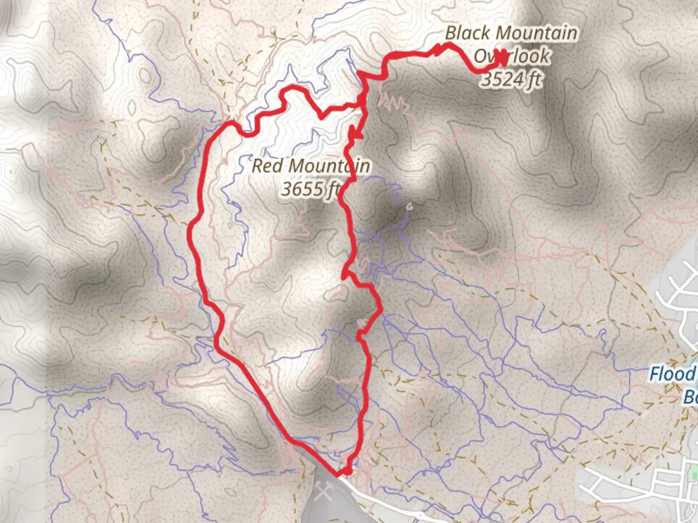 An image depicting the trail Red Mountain and Black Mountain Overlook Loop and its surrounding area.