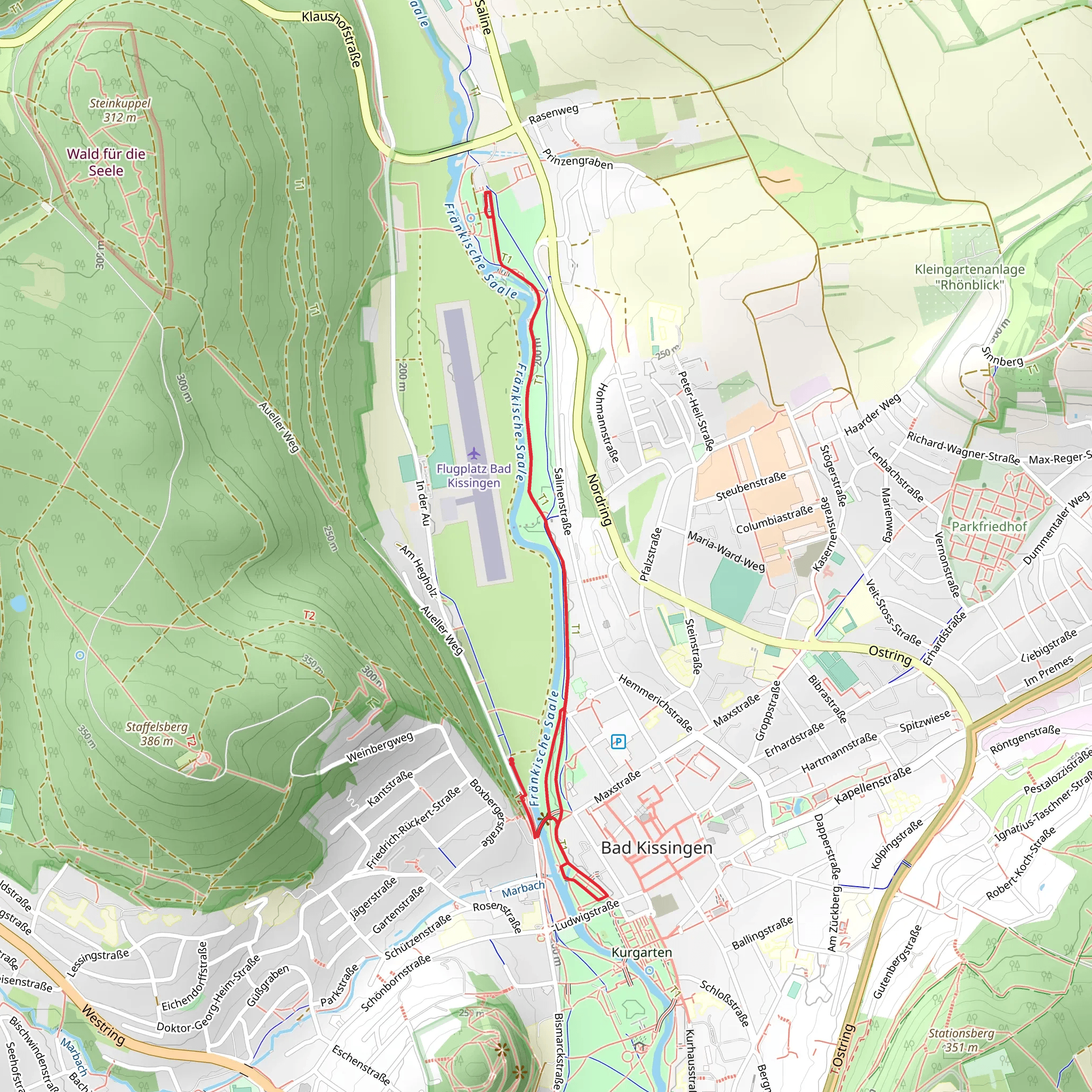 Gradierwerk and Rosengarten via Satinenpromenade and Balthasar-Neumann-Promenade mobile static map
